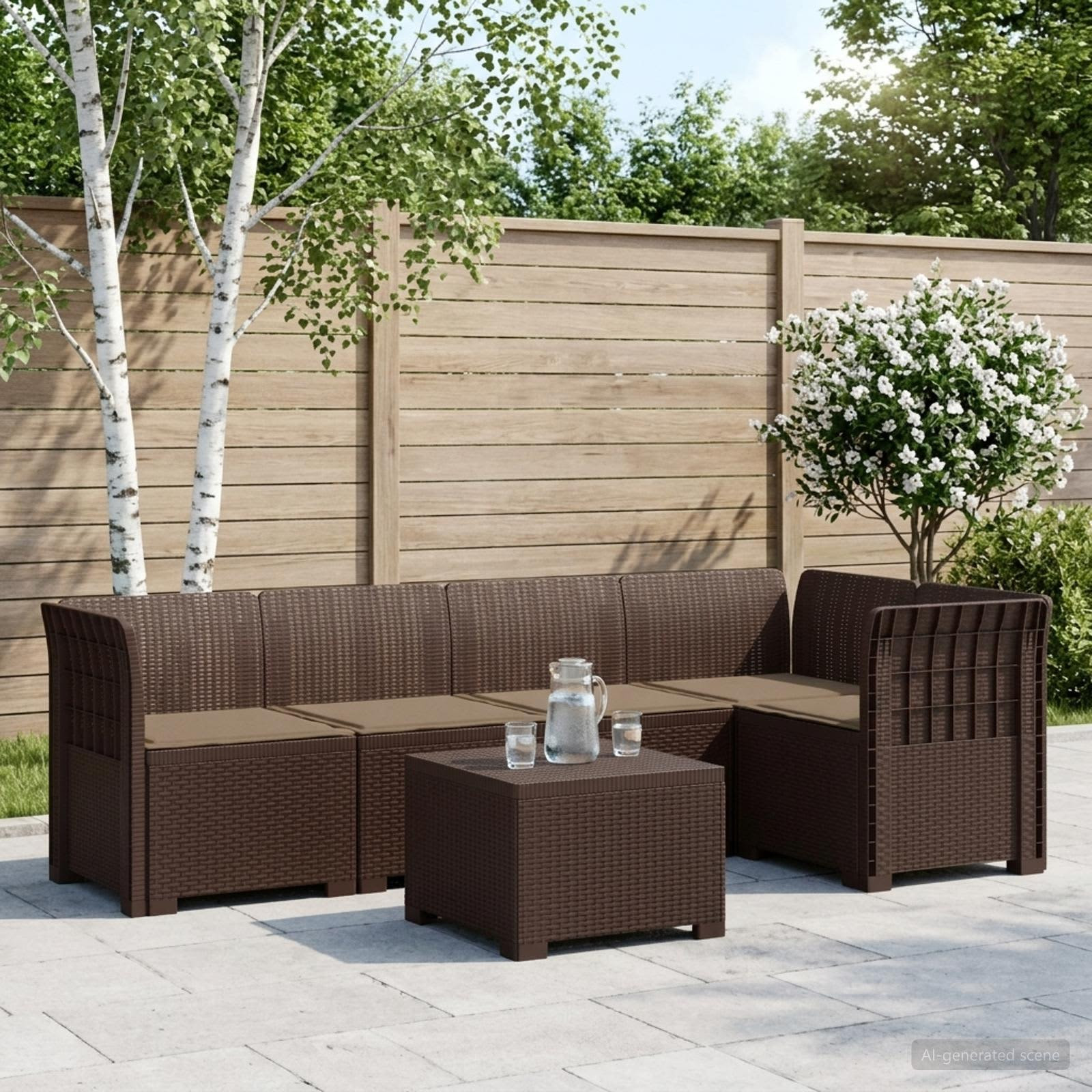 vidaXL 5-Sitzer Gartensofa mit Kissen Rattan-Look PP Braun