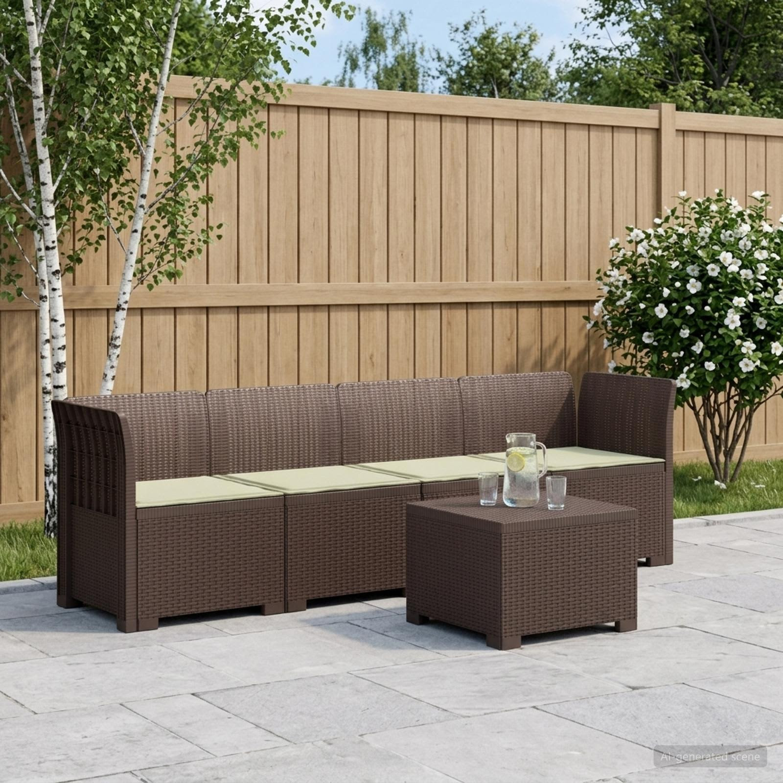 vidaXL 4-Sitzer Gartensofa mit Kissen Rattan Look PP Braun