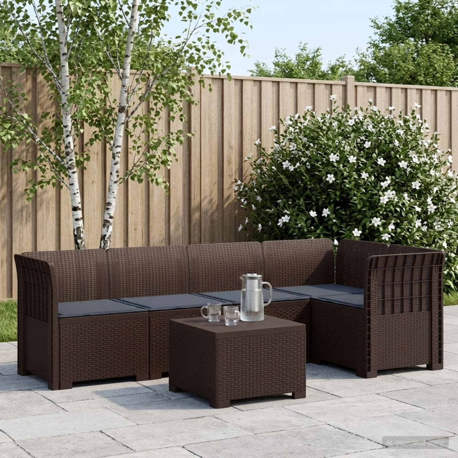 vidaXL 5-Sitzer Gartensofa mit Kissen Rattan-Look PP Braun