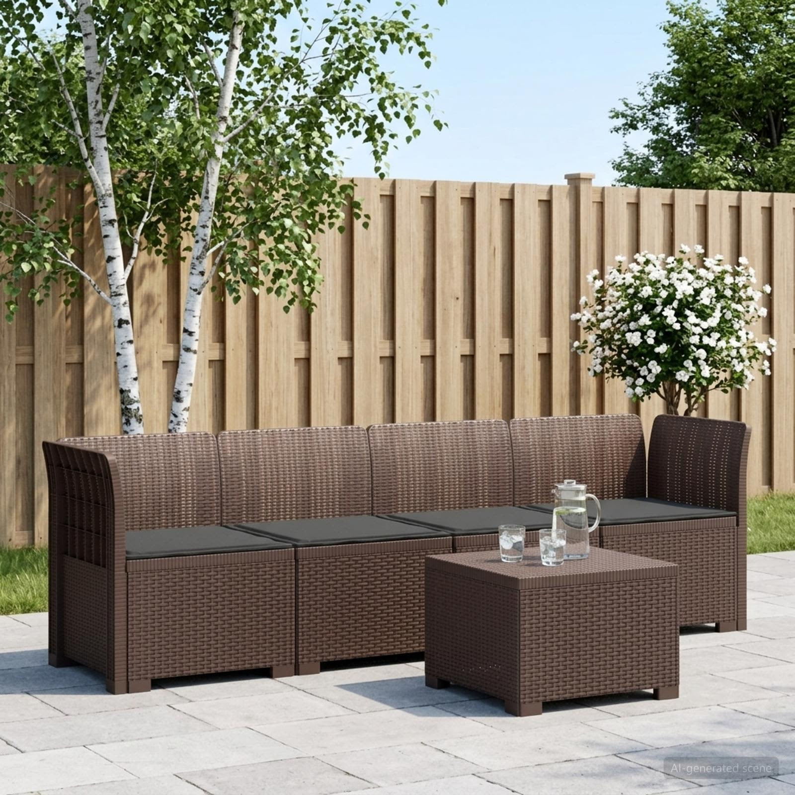 vidaXL 4-Sitzer Gartensofa mit Kissen Rattan Look PP Braun