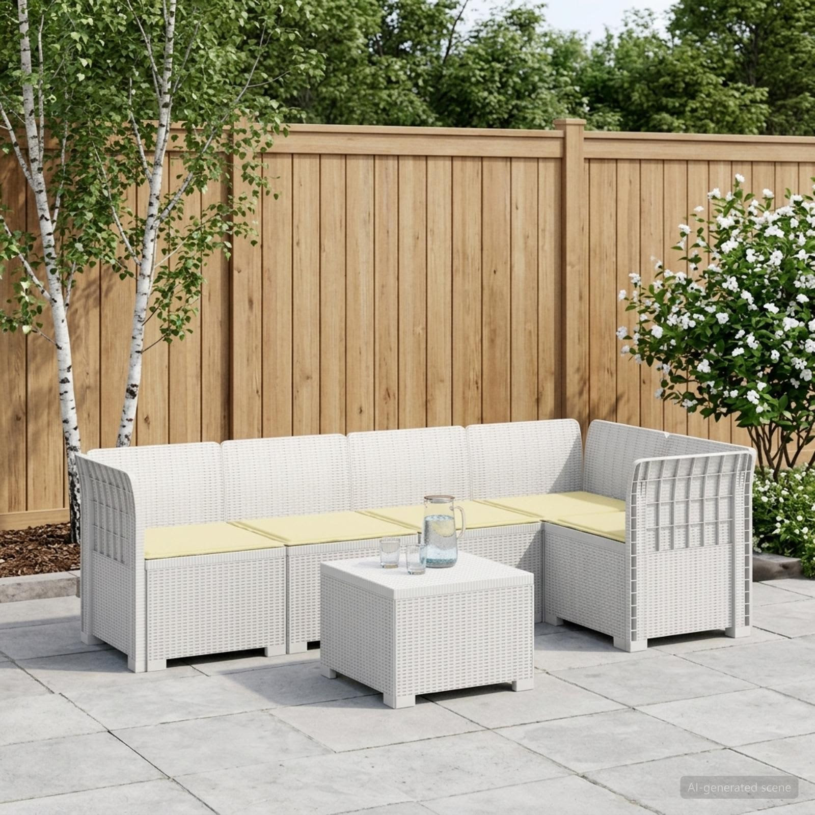 vidaXL 5-Sitzer Gartensofa mit Kissen Rattan-Look PP Weiß