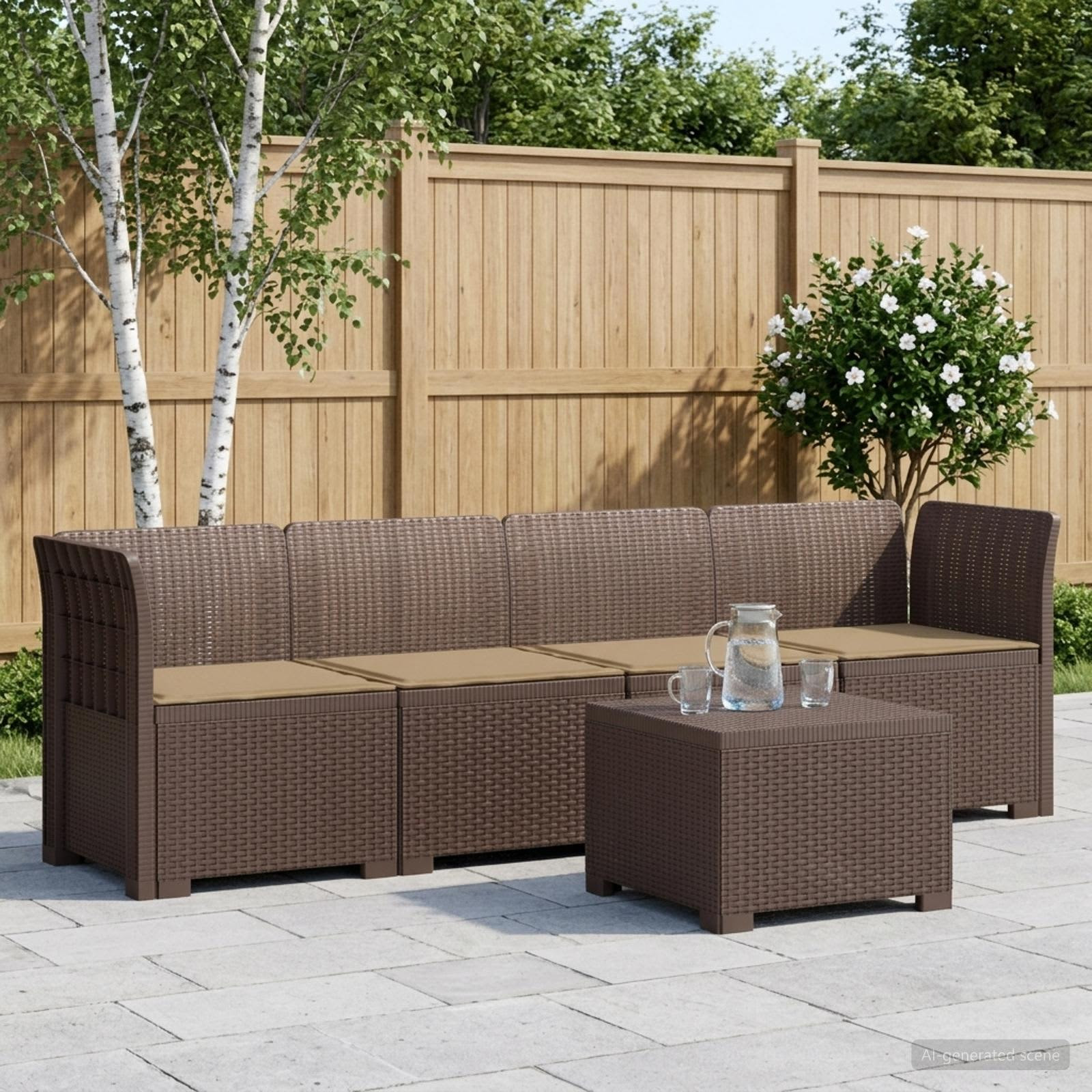 vidaXL 4-Sitzer Gartensofa mit Kissen Rattan Look PP Braun