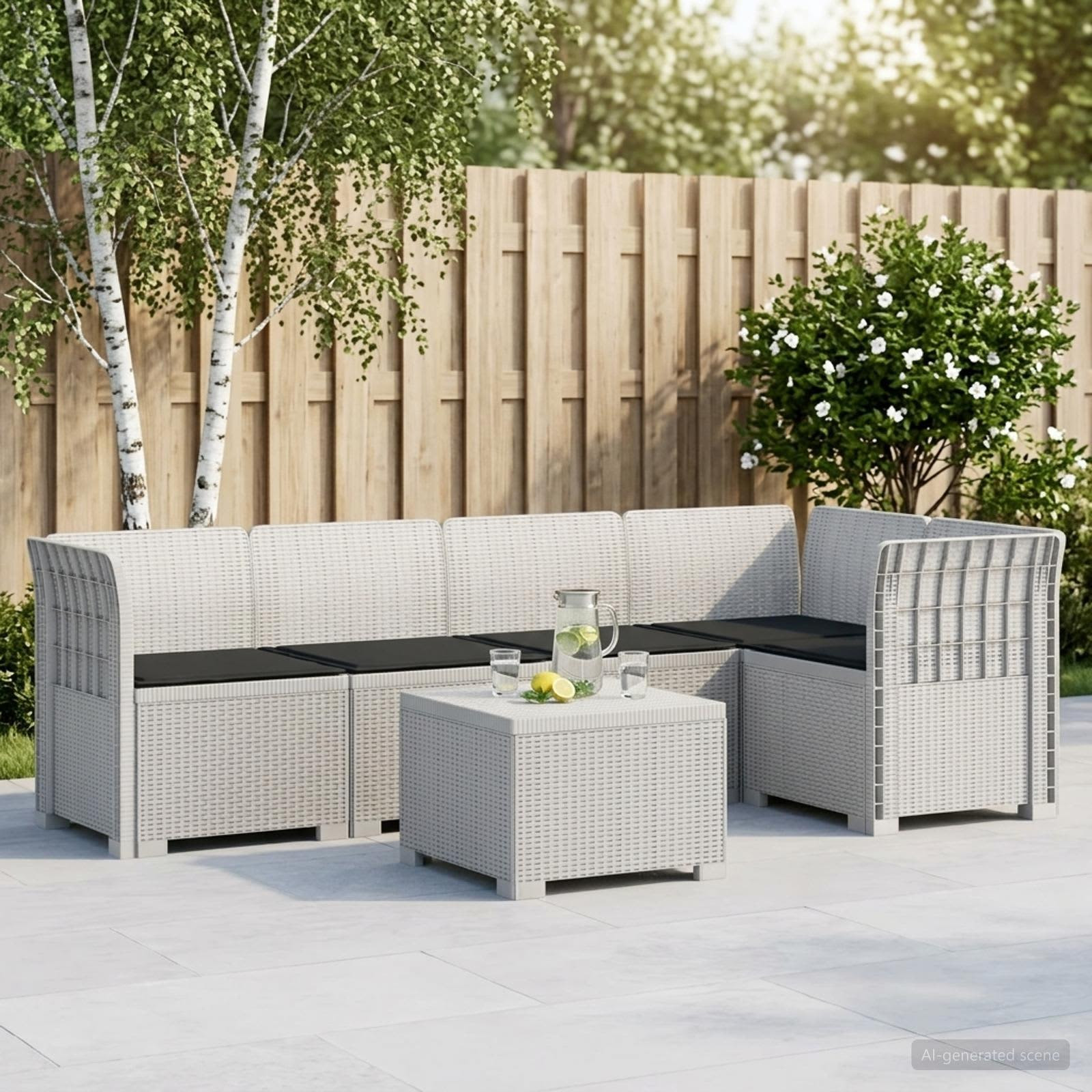 vidaXL 5-Sitzer Gartensofa mit Kissen Rattan-Look PP Weiß