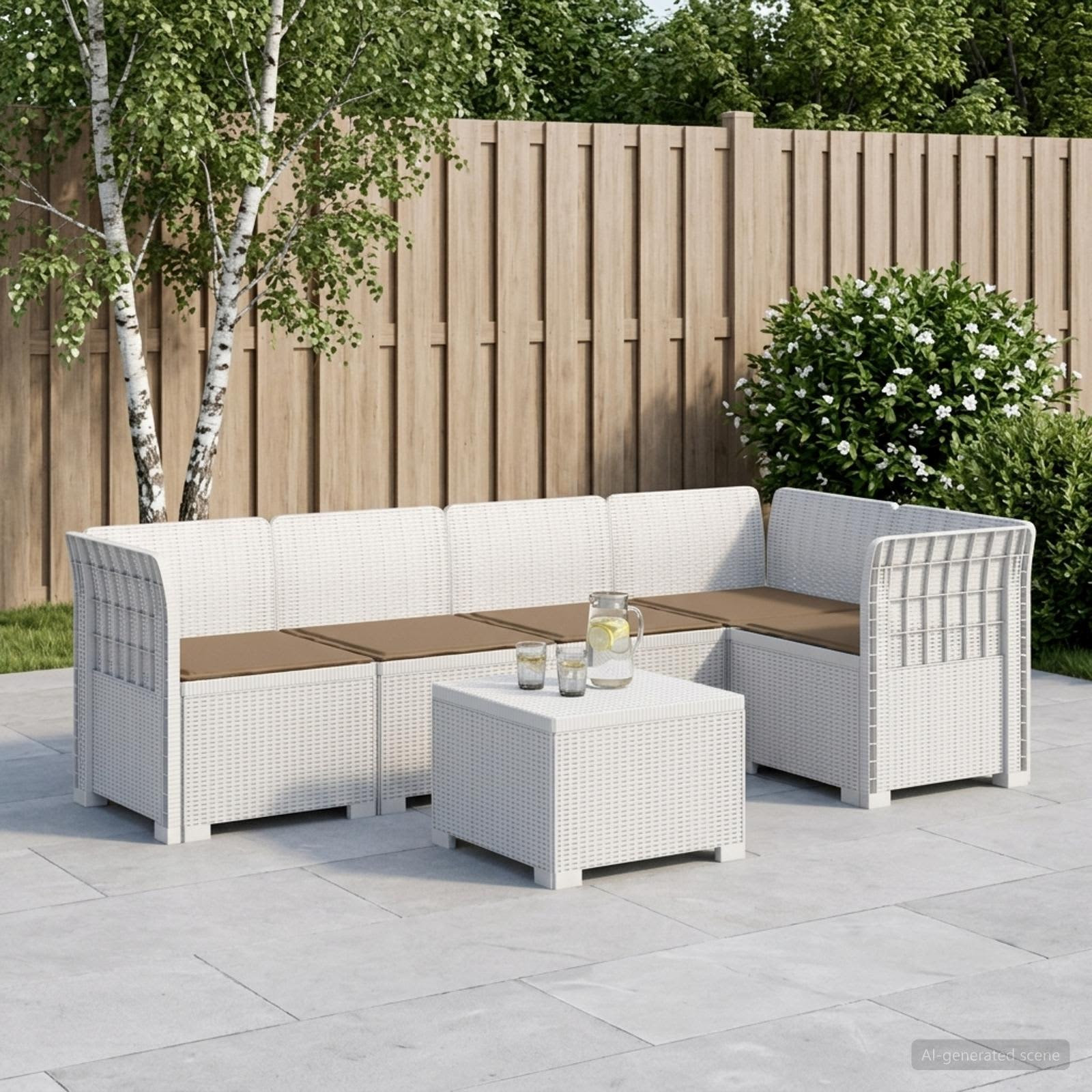 vidaXL 5-Sitzer Gartensofa mit Kissen Rattan-Look PP Weiß