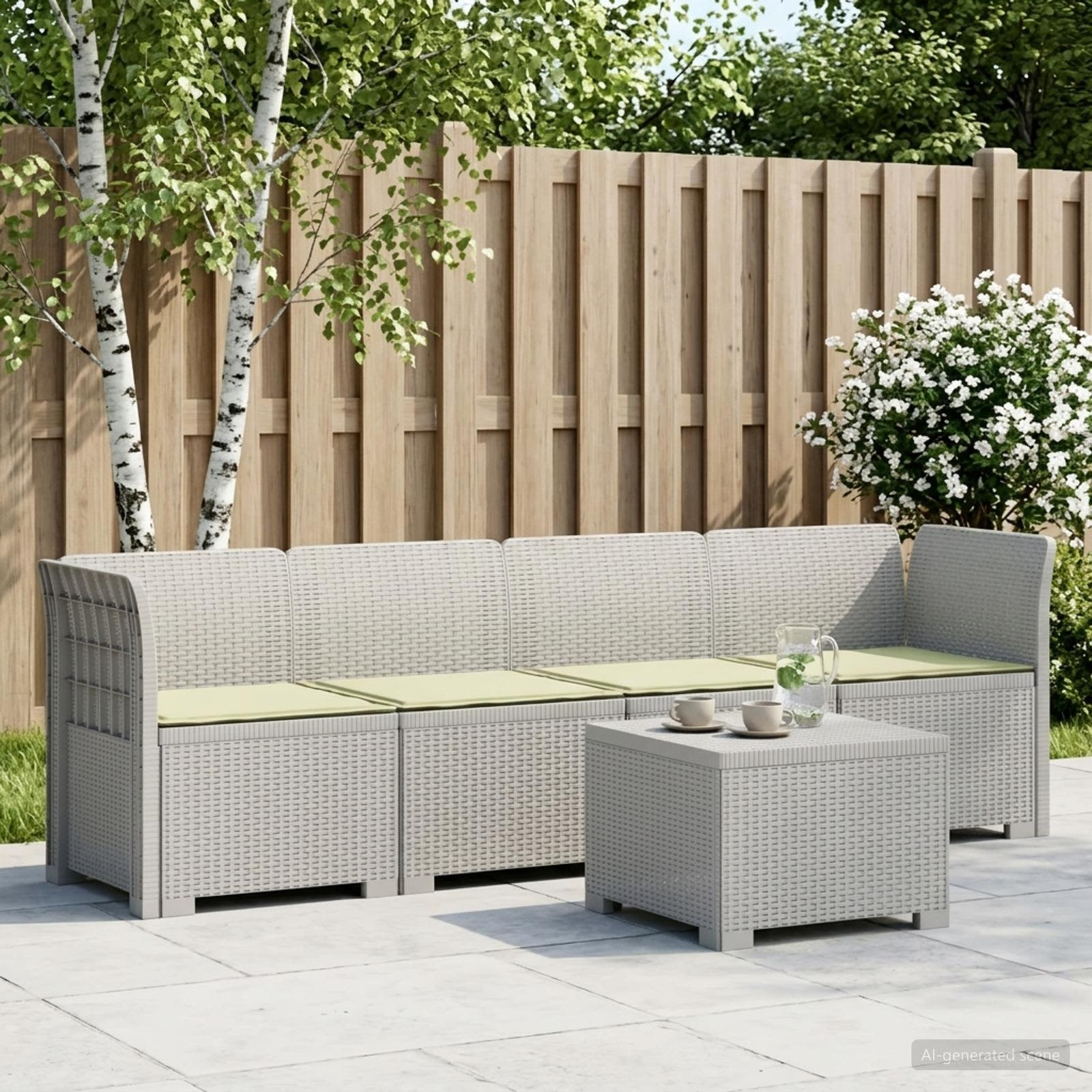 vidaXL 4-Sitzer Gartensofa mit Kissen Rattan Look PP Weiß