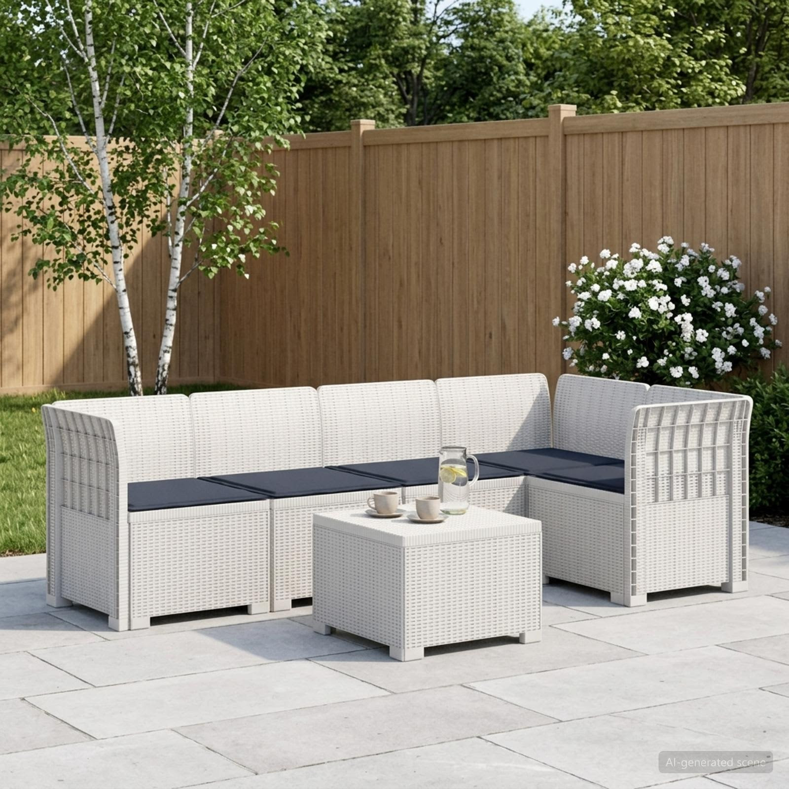 vidaXL 5-Sitzer Gartensofa mit Kissen Rattan-Look PP Weiß