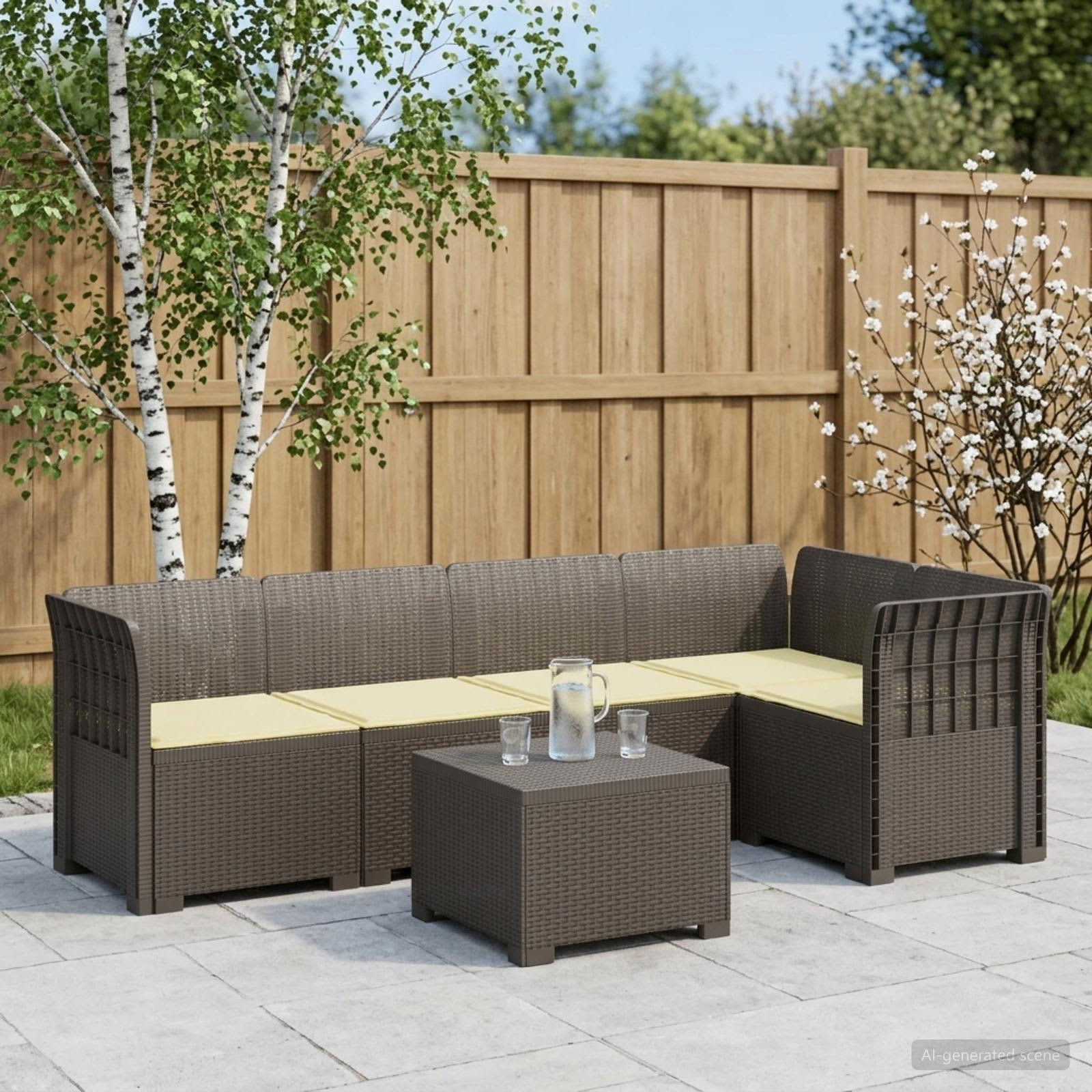vidaXL 5-Sitzer Gartensofa mit Kissen Rattan-Look PP Hellgrau