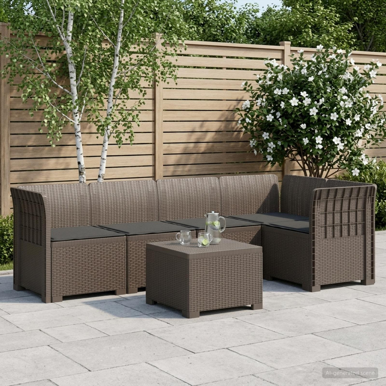vidaXL 5-Sitzer Gartensofa mit Kissen Rattan-Look PP Hellgrau