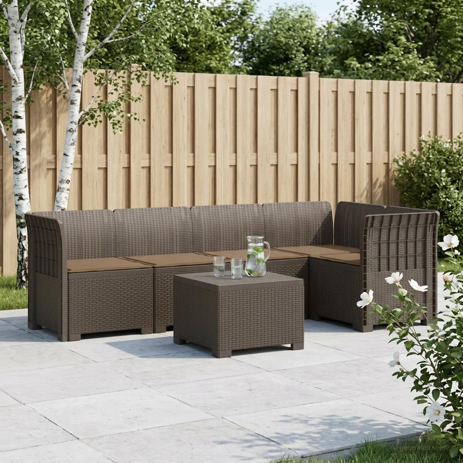 vidaXL 5-Sitzer Gartensofa mit Kissen Rattan-Look PP Hellgrau