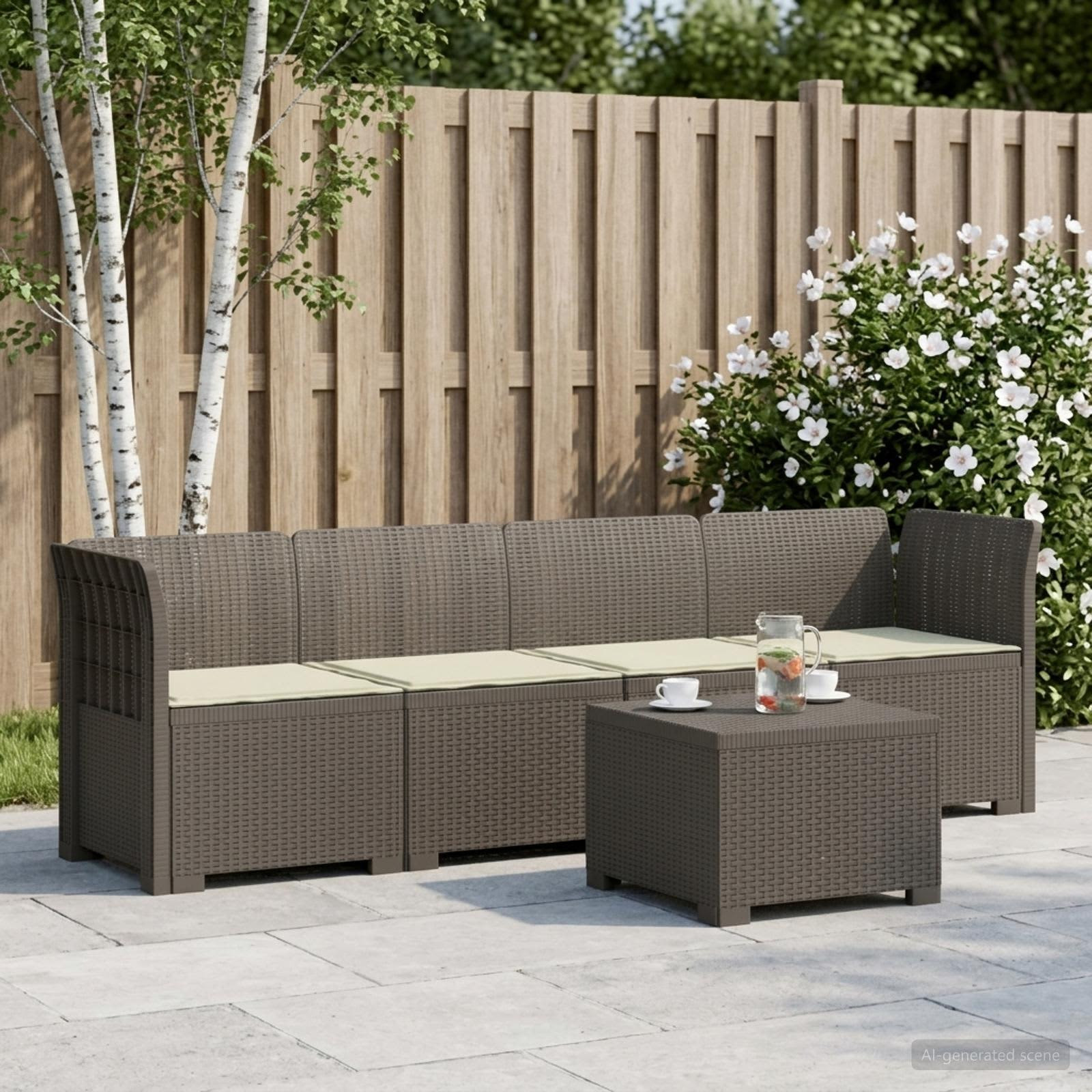 vidaXL 4-Sitzer Gartensofa mit Kissen Rattan Look PP Hellgrau