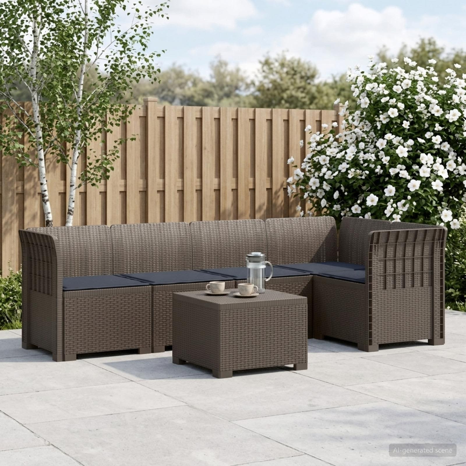 vidaXL 5-Sitzer Gartensofa mit Kissen Rattan-Look PP Hellgrau