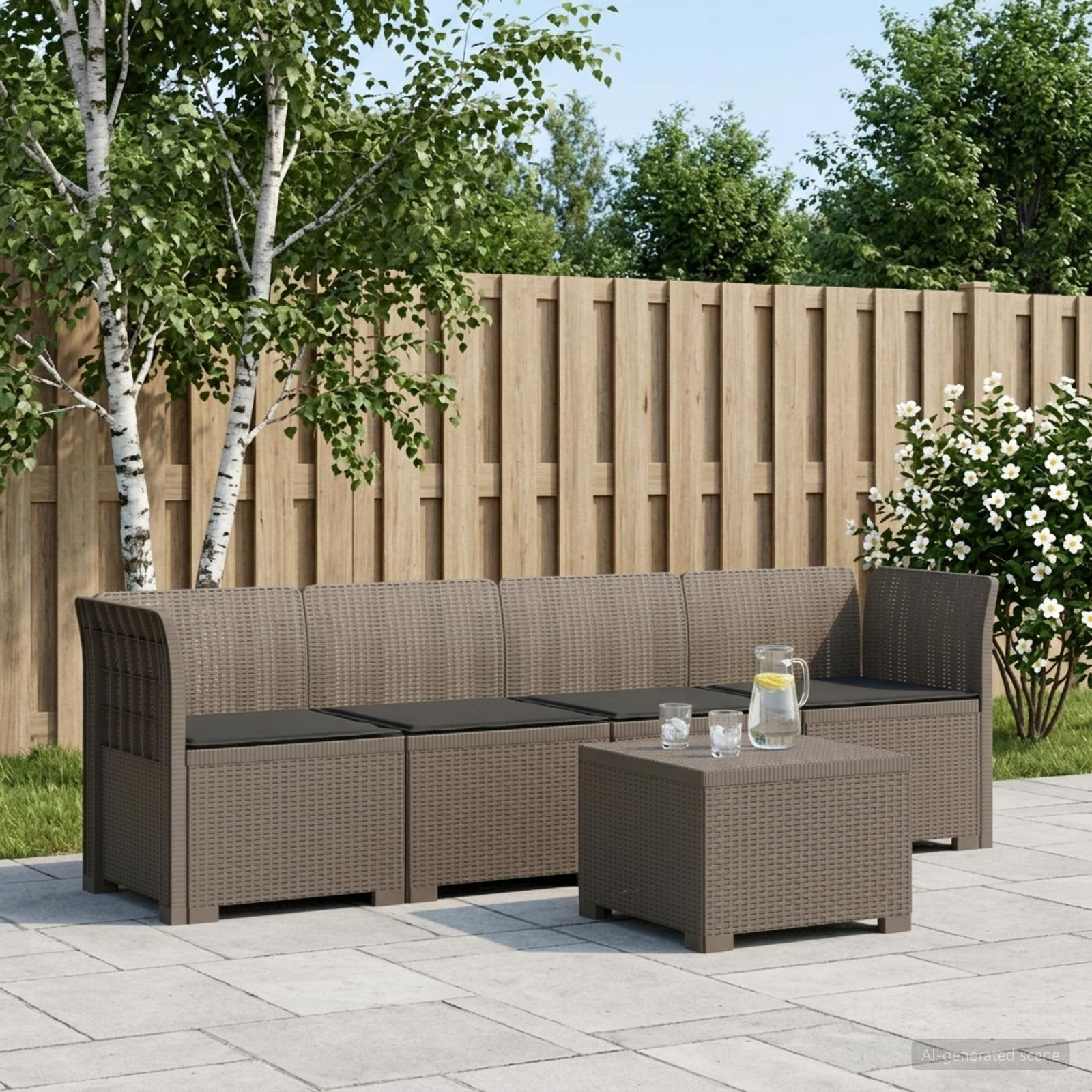 vidaXL 4-Sitzer Gartensofa mit Kissen Rattan Look PP Hellgrau