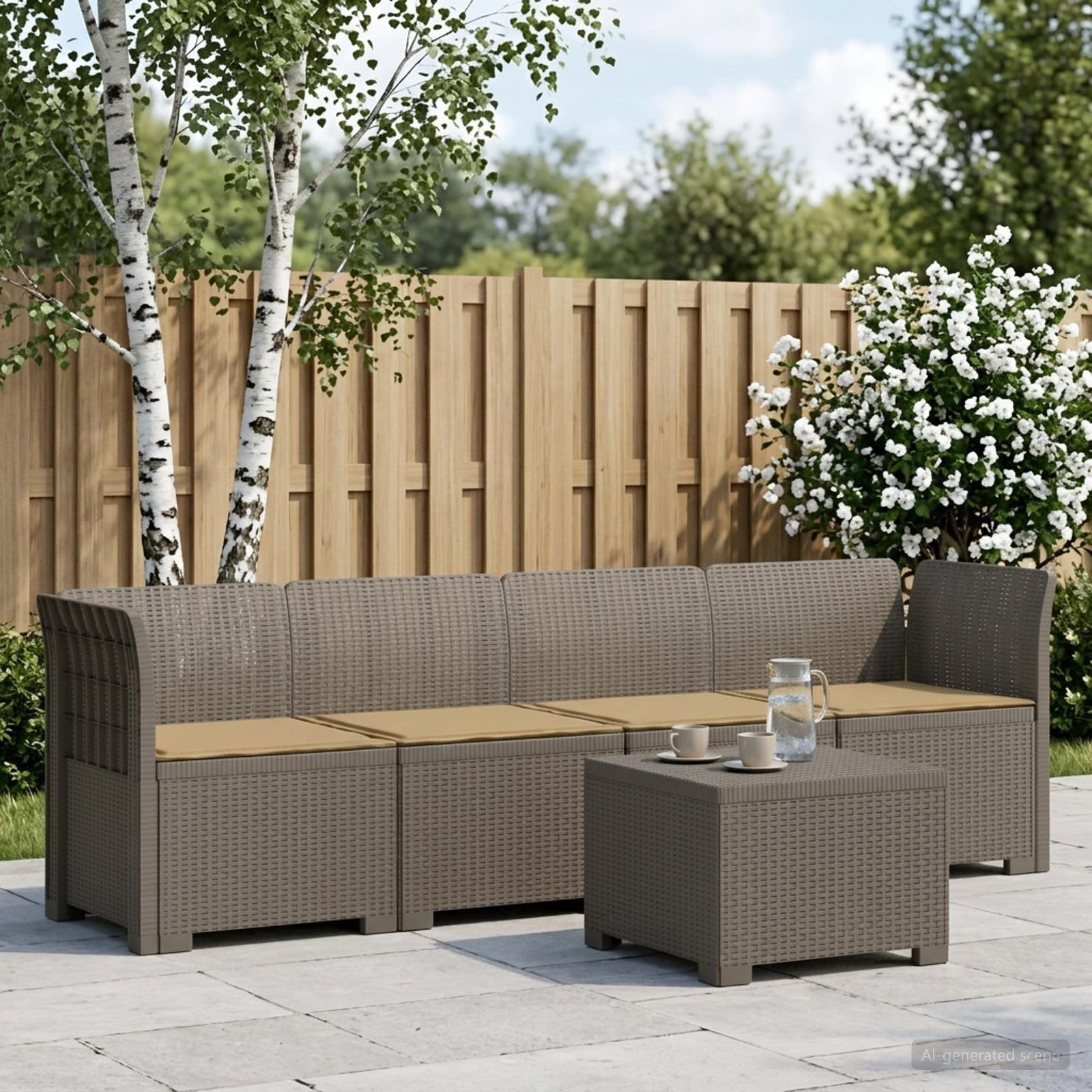 vidaXL 4-Sitzer Gartensofa mit Kissen Rattan Look PP Hellgrau