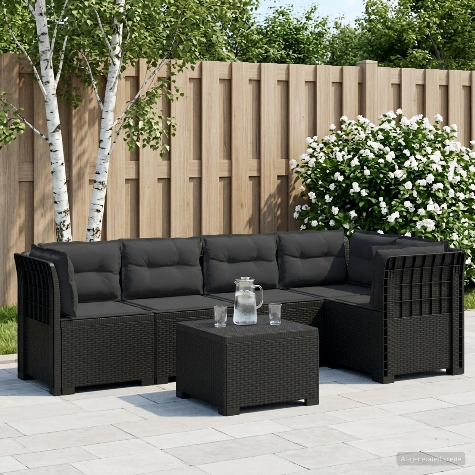 vidaXL 5-Sitzer Gartensofa mit Kissen Rattan-Look PP Anthrazit