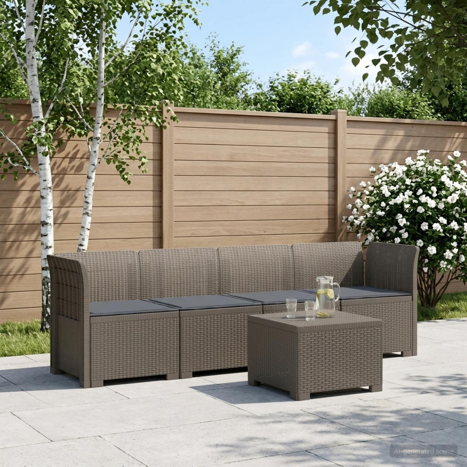 vidaXL 4-Sitzer Gartensofa mit Kissen Rattan Look PP Hellgrau
