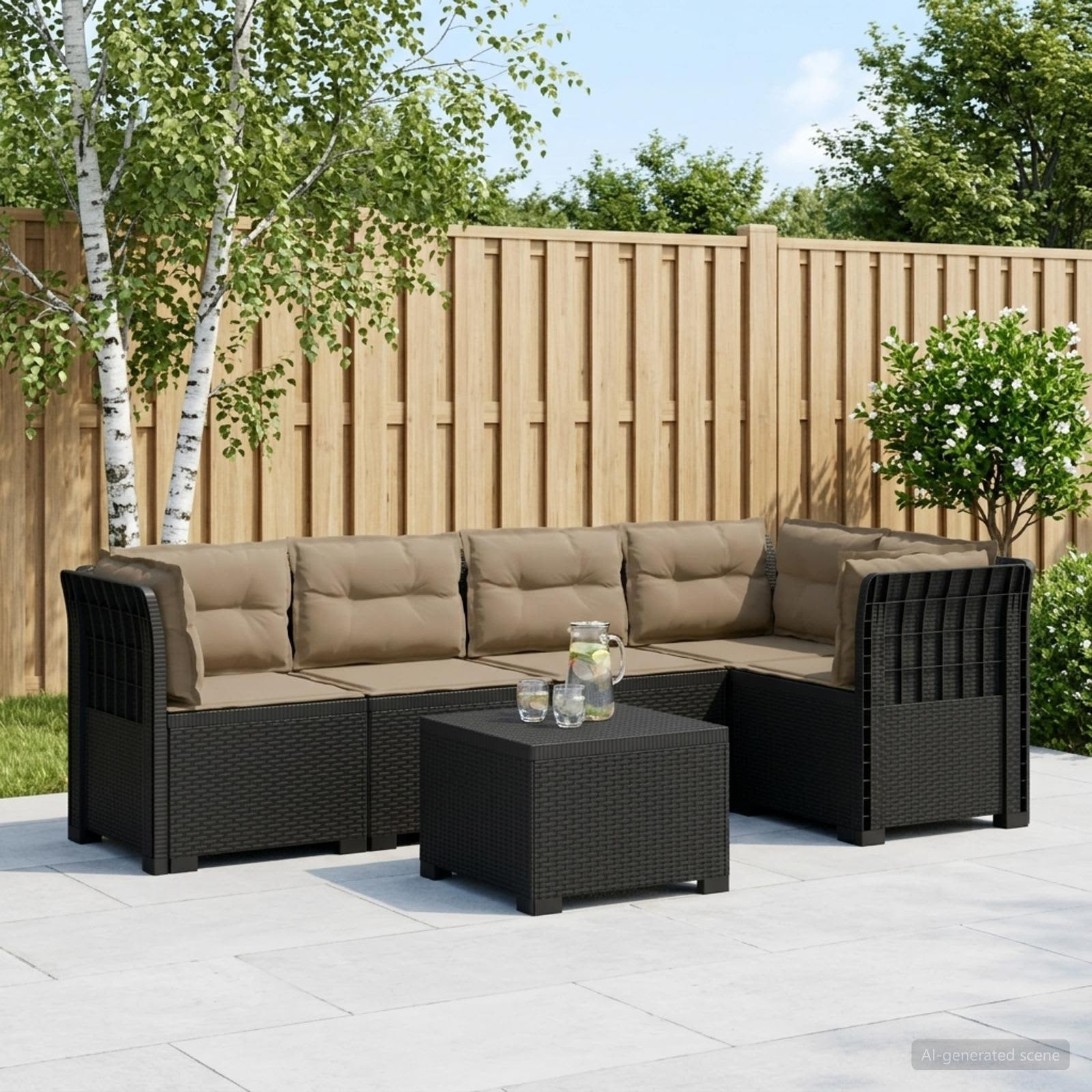 vidaXL 5-Sitzer Gartensofa mit Kissen Rattan-Look PP Anthrazit