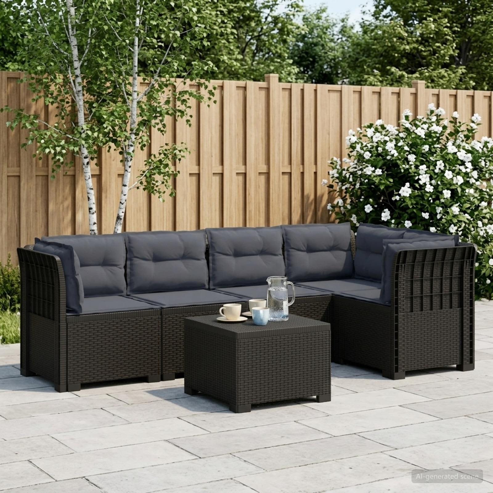 vidaXL 5-Sitzer Gartensofa mit Kissen Rattan-Look PP Anthrazit