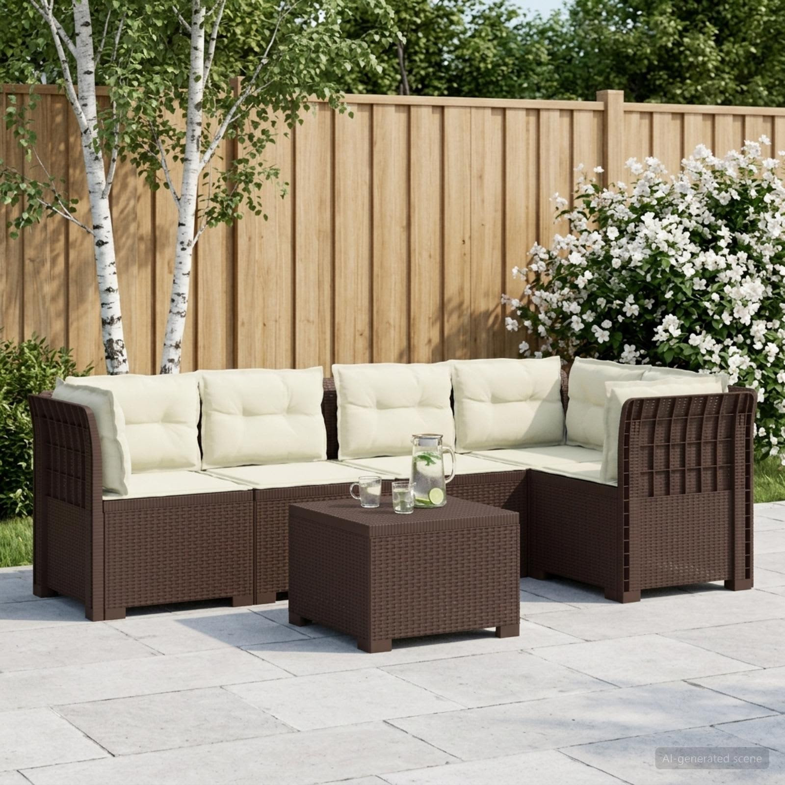 vidaXL 5-Sitzer Gartensofa mit Kissen Rattan-Look PP Braun