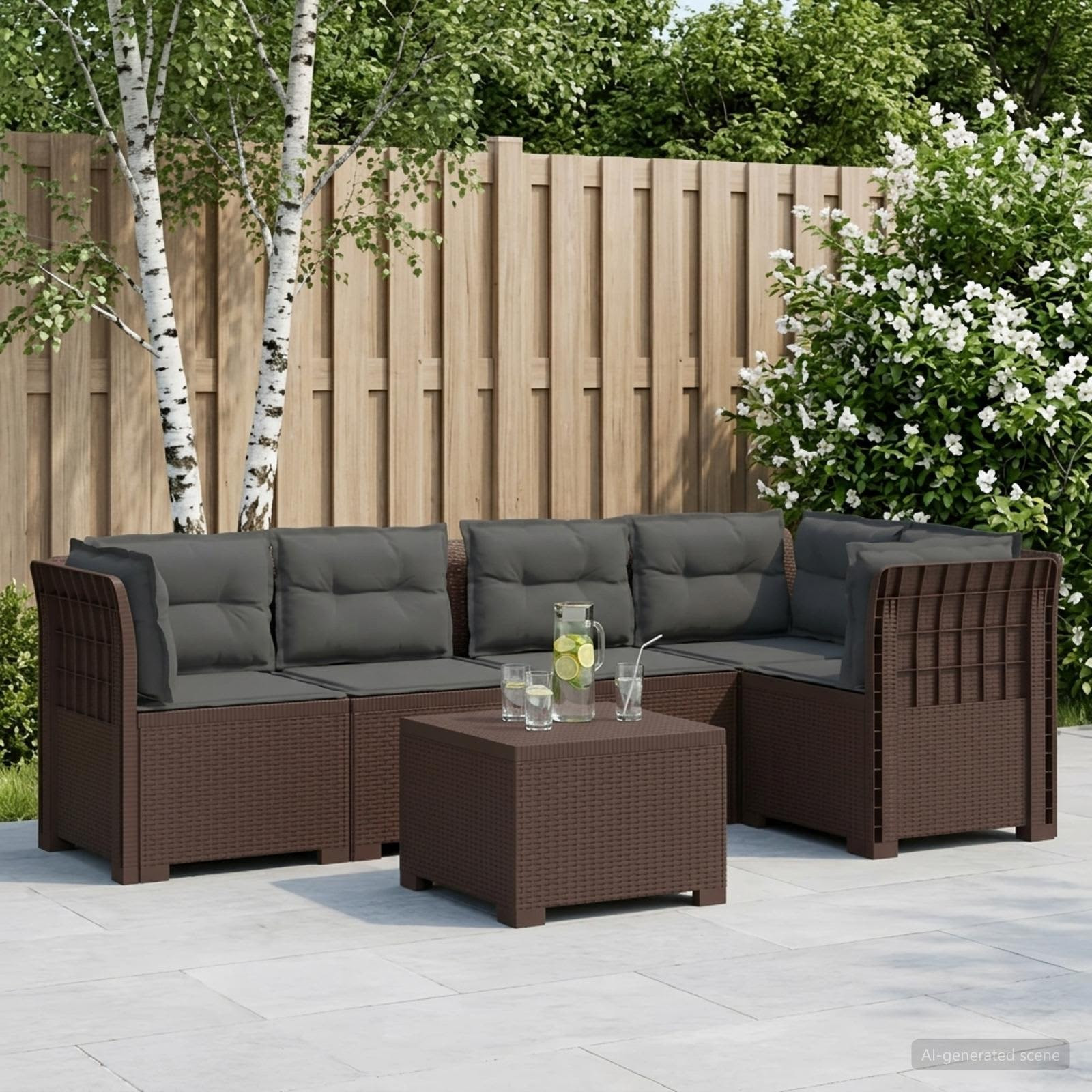 vidaXL 5-Sitzer Gartensofa mit Kissen Rattan-Look PP Braun