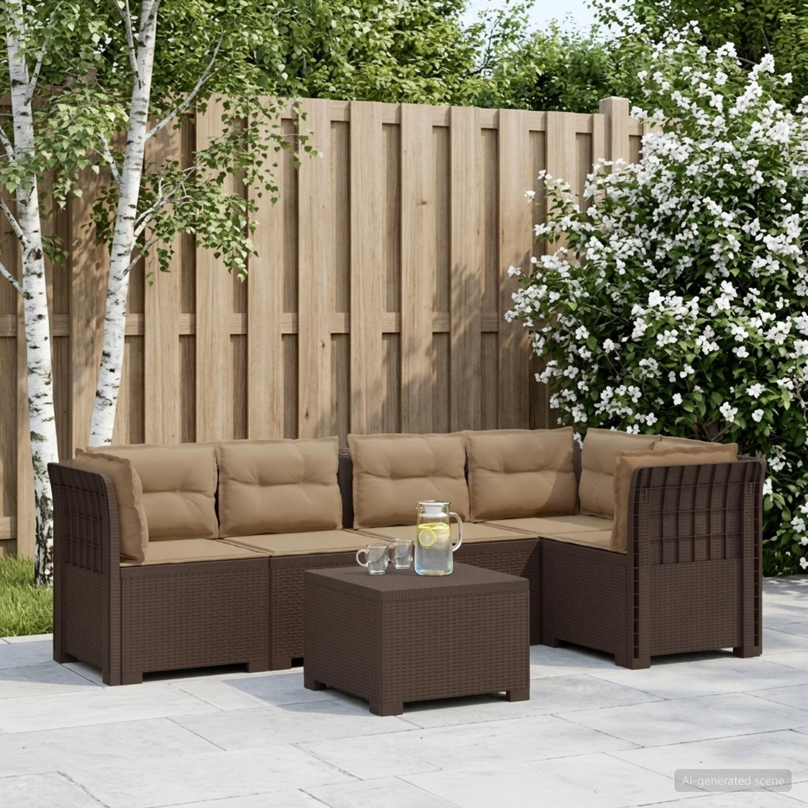 vidaXL 5-Sitzer Gartensofa mit Kissen Rattan-Look PP Braun