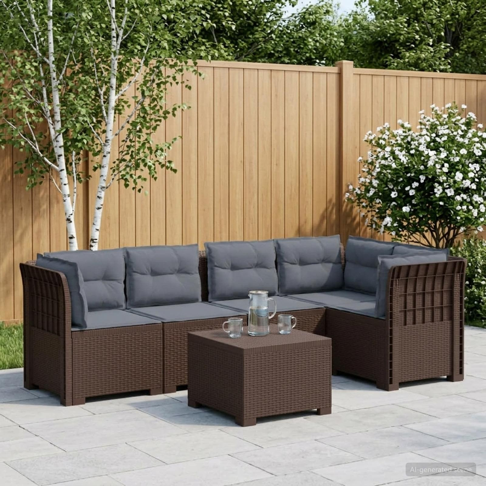 vidaXL 5-Sitzer Gartensofa mit Kissen Rattan-Look PP Braun