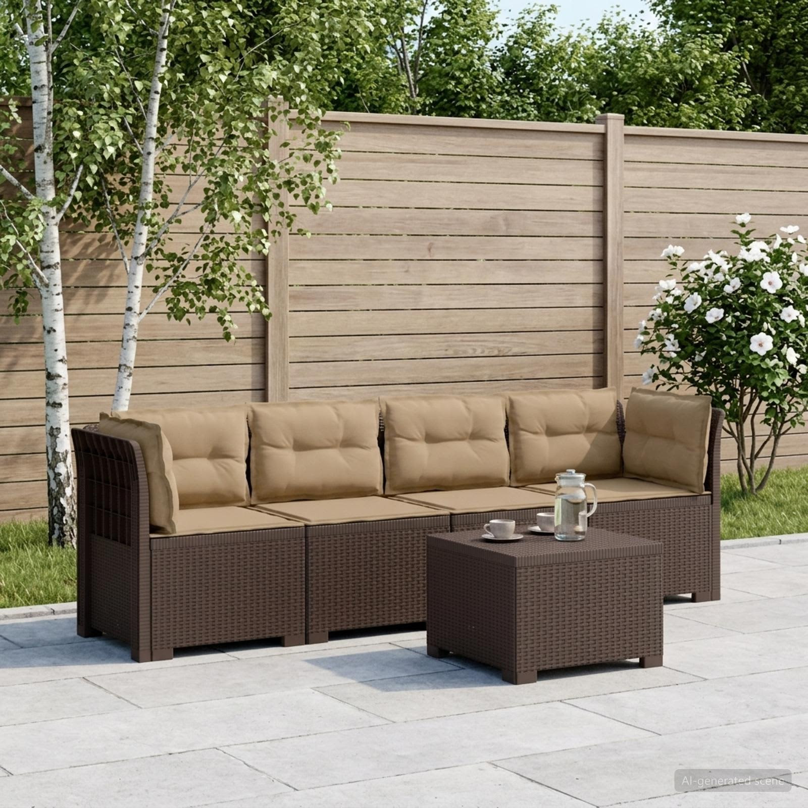 vidaXL 4-Sitzer Gartensofa mit Kissen Rattan Look PP Braun