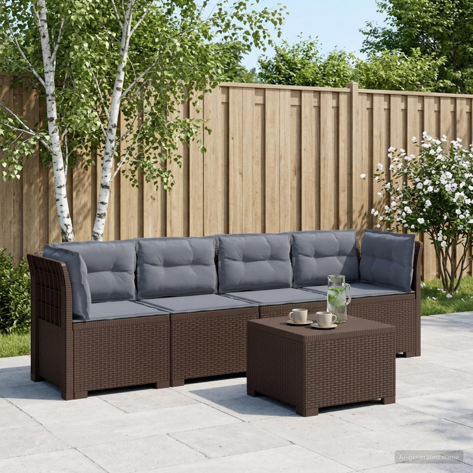 vidaXL 4-Sitzer Gartensofa mit Kissen Rattan Look PP Braun
