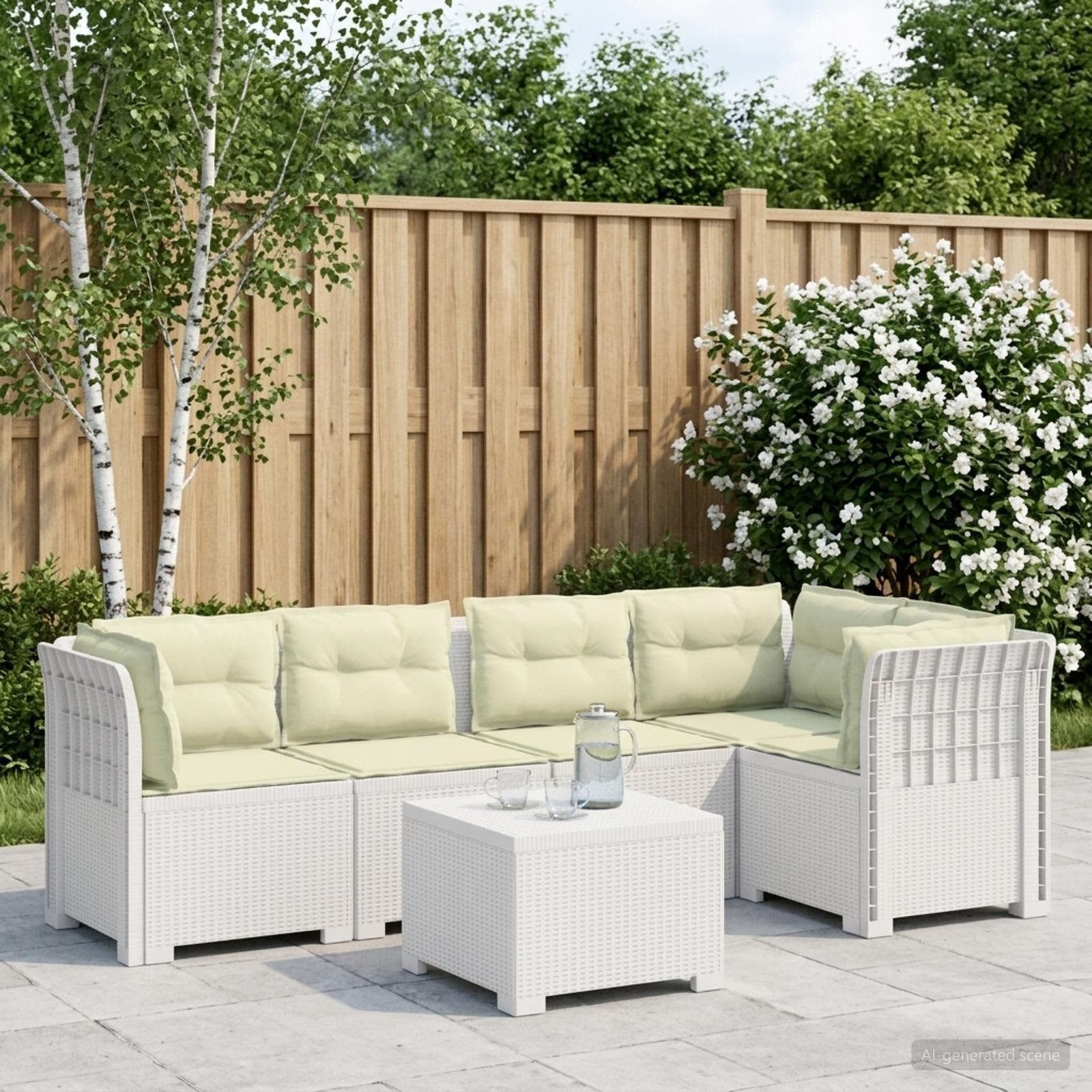vidaXL 5-Sitzer Gartensofa mit Kissen Rattan-Look PP Weiß