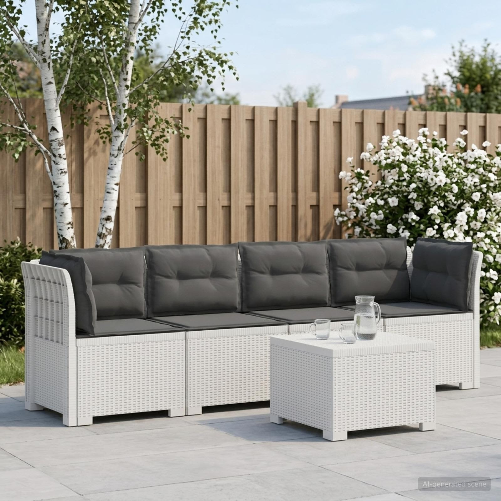 vidaXL 4-Sitzer Gartensofa mit Kissen Rattan Look PP Weiß