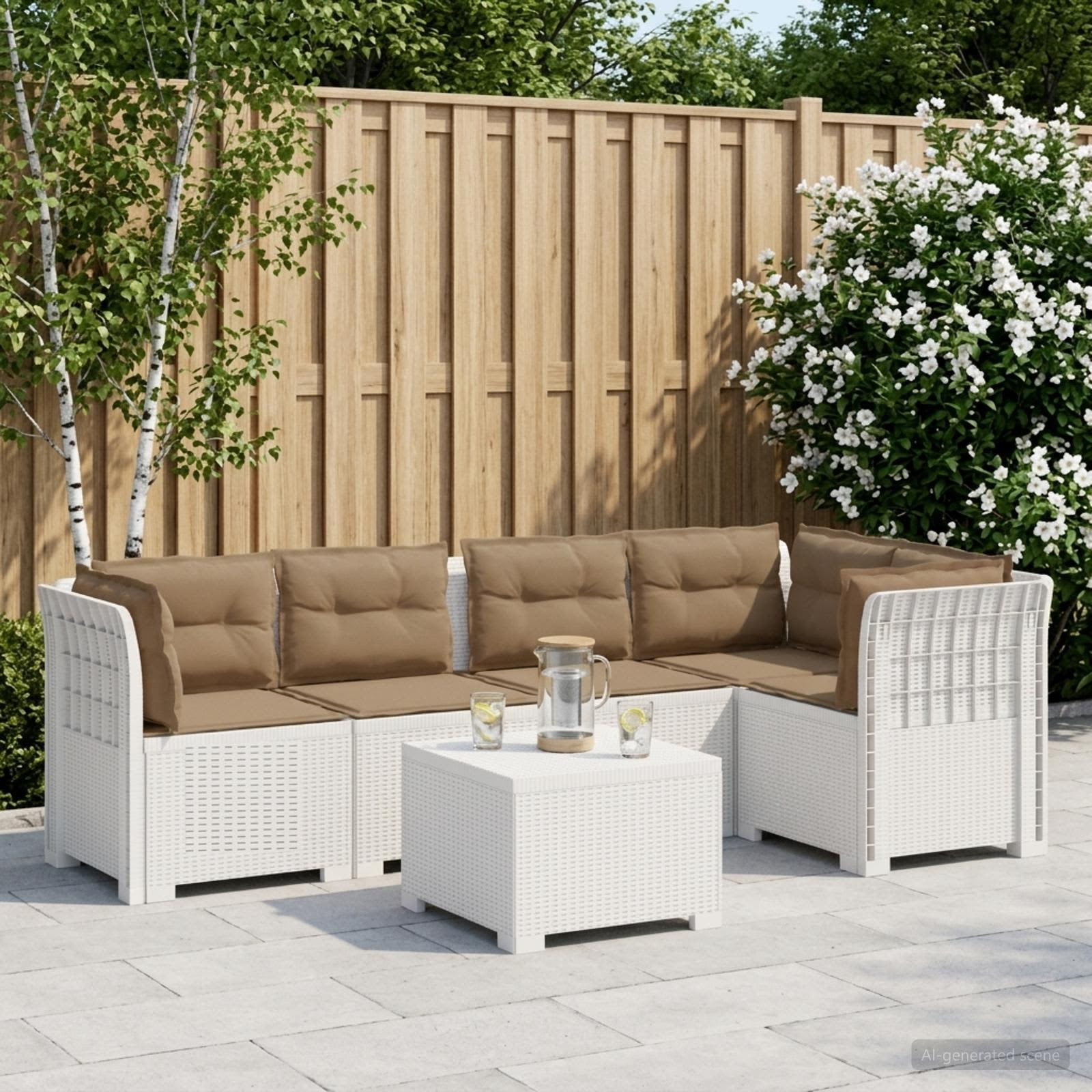 vidaXL 5-Sitzer Gartensofa mit Kissen Rattan-Look PP Weiß