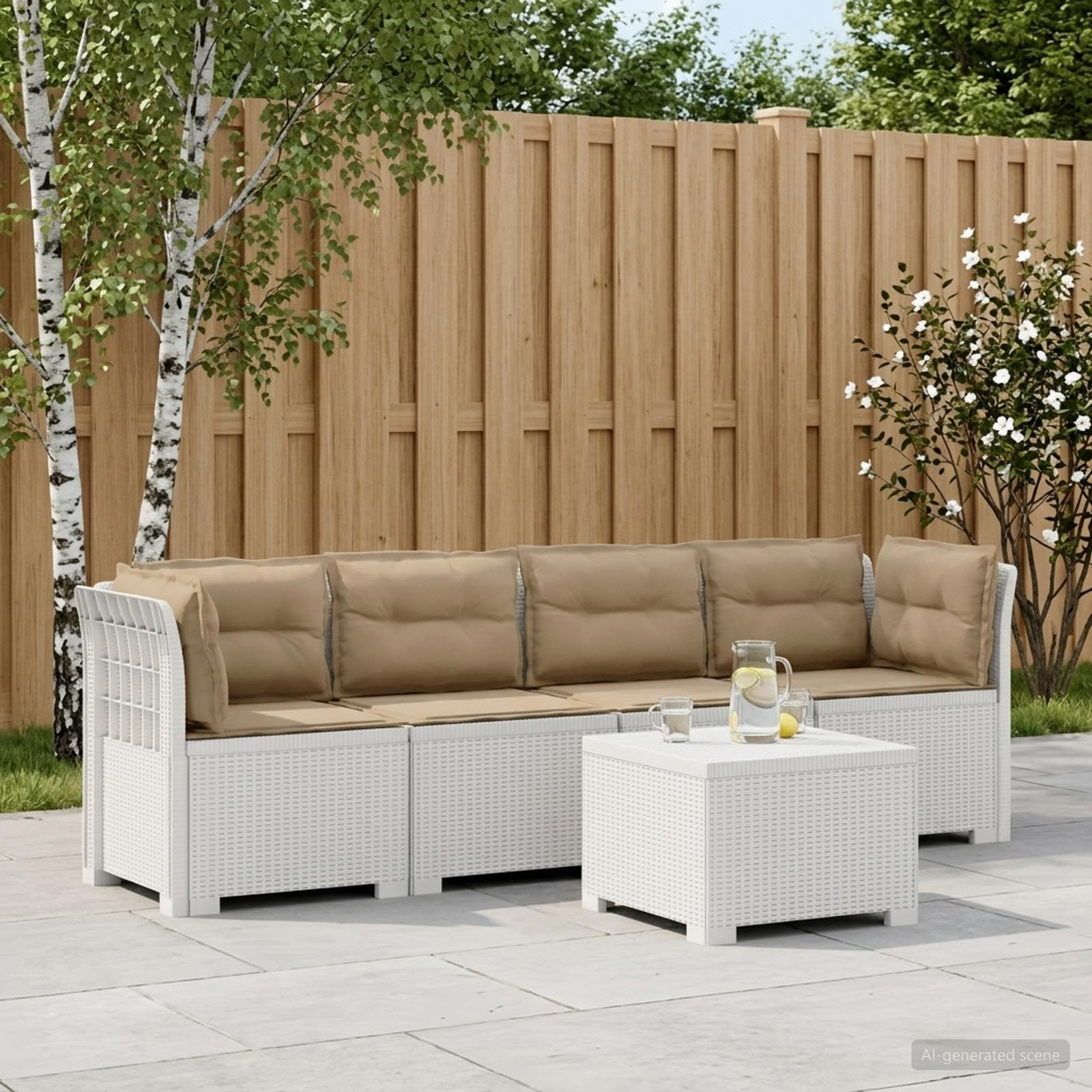 vidaXL 4-Sitzer Gartensofa mit Kissen Rattan Look PP Weiß