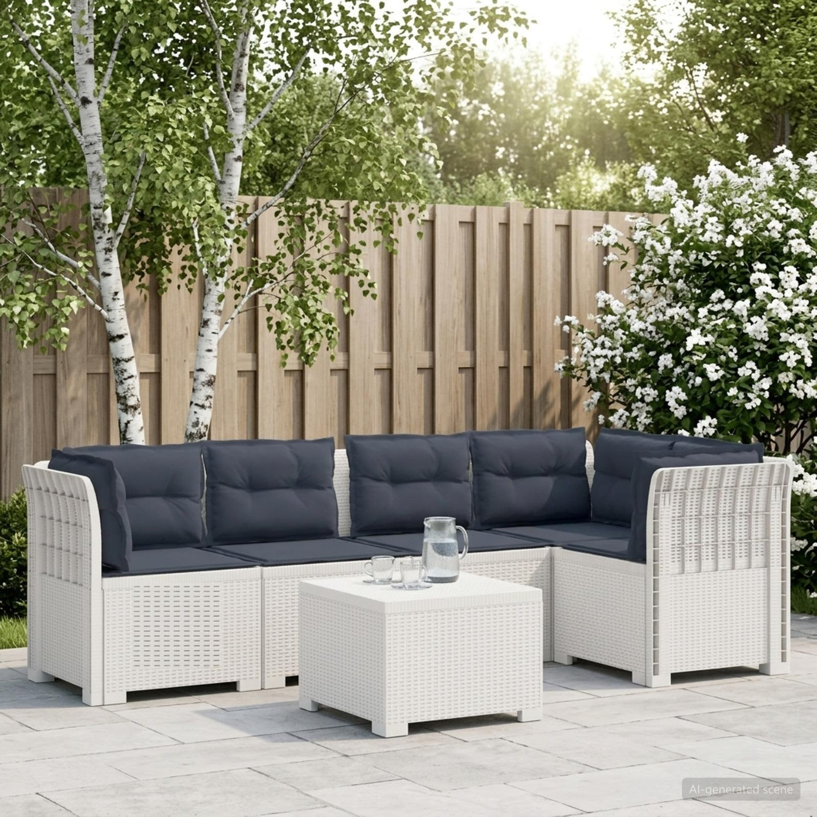 vidaXL 5-Sitzer Gartensofa mit Kissen Rattan-Look PP Weiß