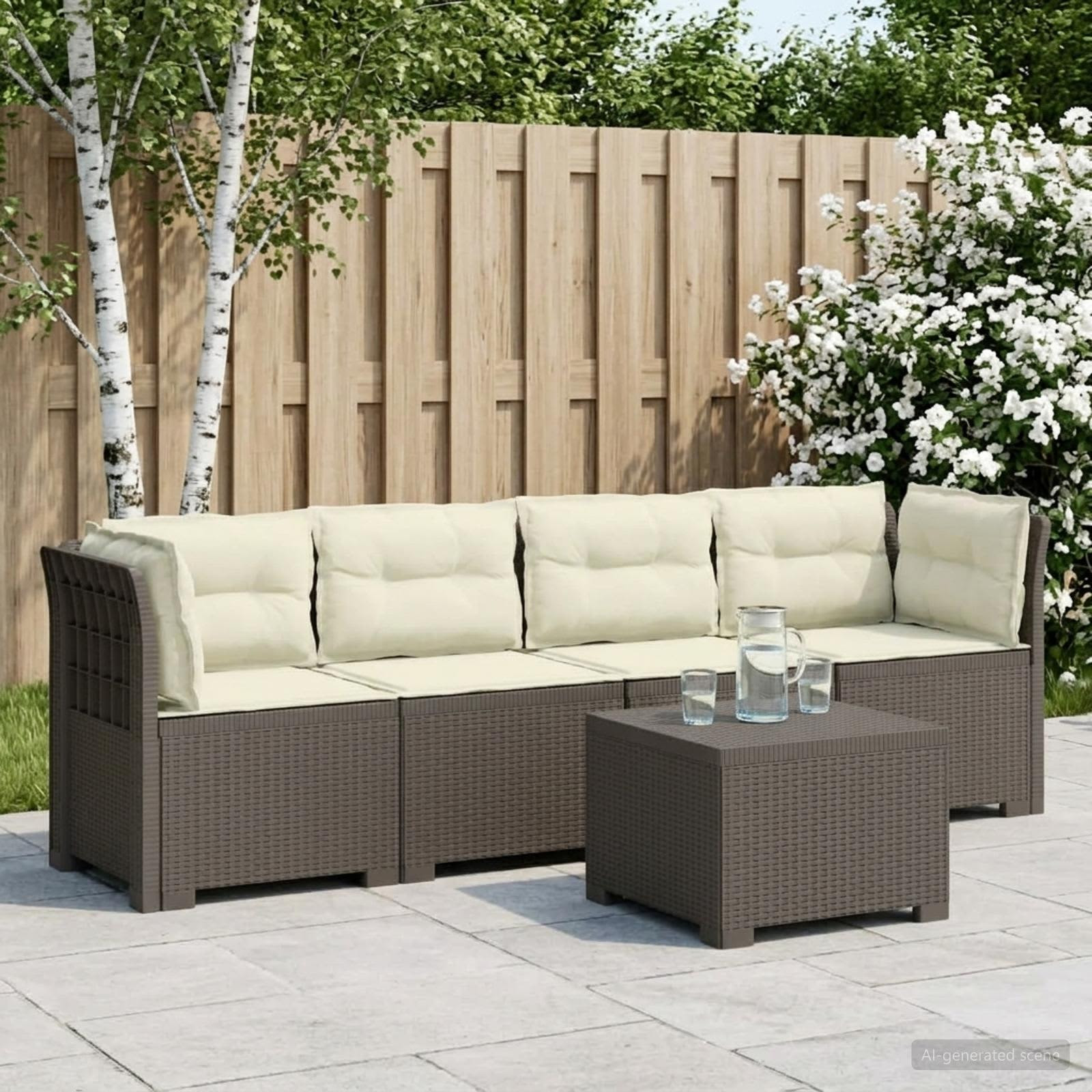 vidaXL 4-Sitzer Gartensofa mit Kissen Rattan Look PP Hellgrau