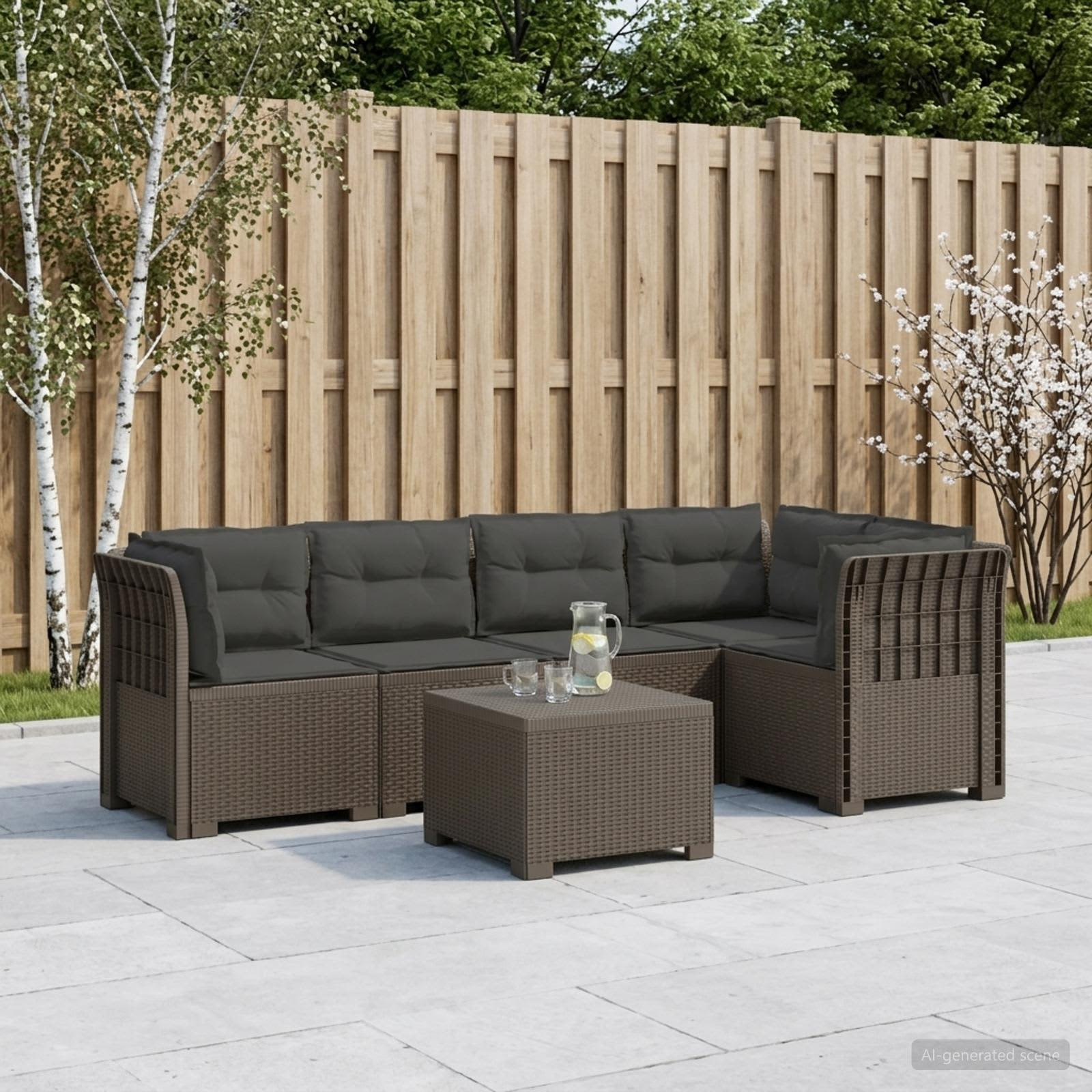 vidaXL 5-Sitzer Gartensofa mit Kissen Rattan-Look PP Hellgrau