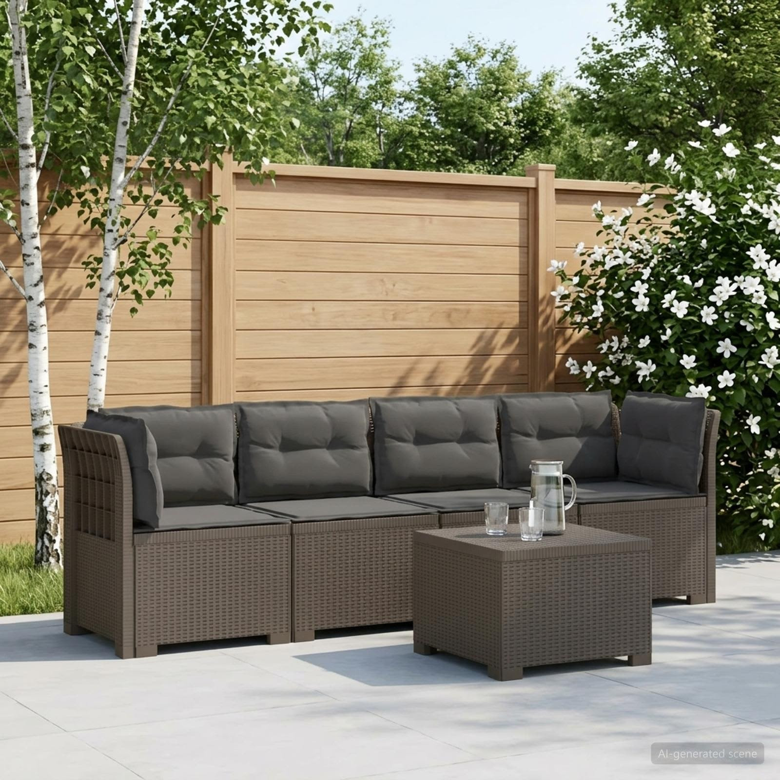 vidaXL 4-Sitzer Gartensofa mit Kissen Rattan Look PP Hellgrau