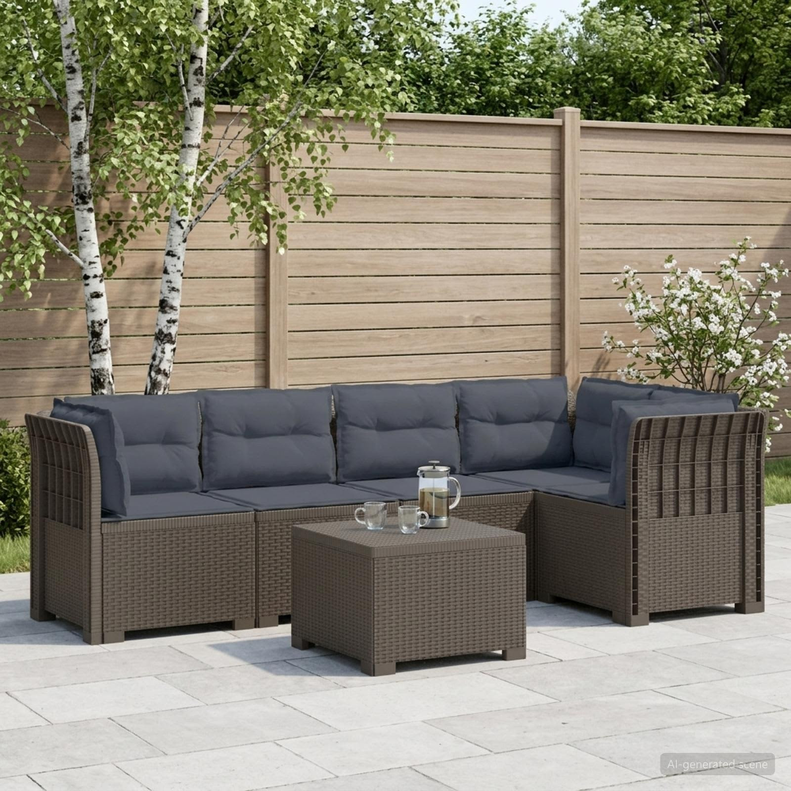 vidaXL 5-Sitzer Gartensofa mit Kissen Rattan-Look PP Hellgrau