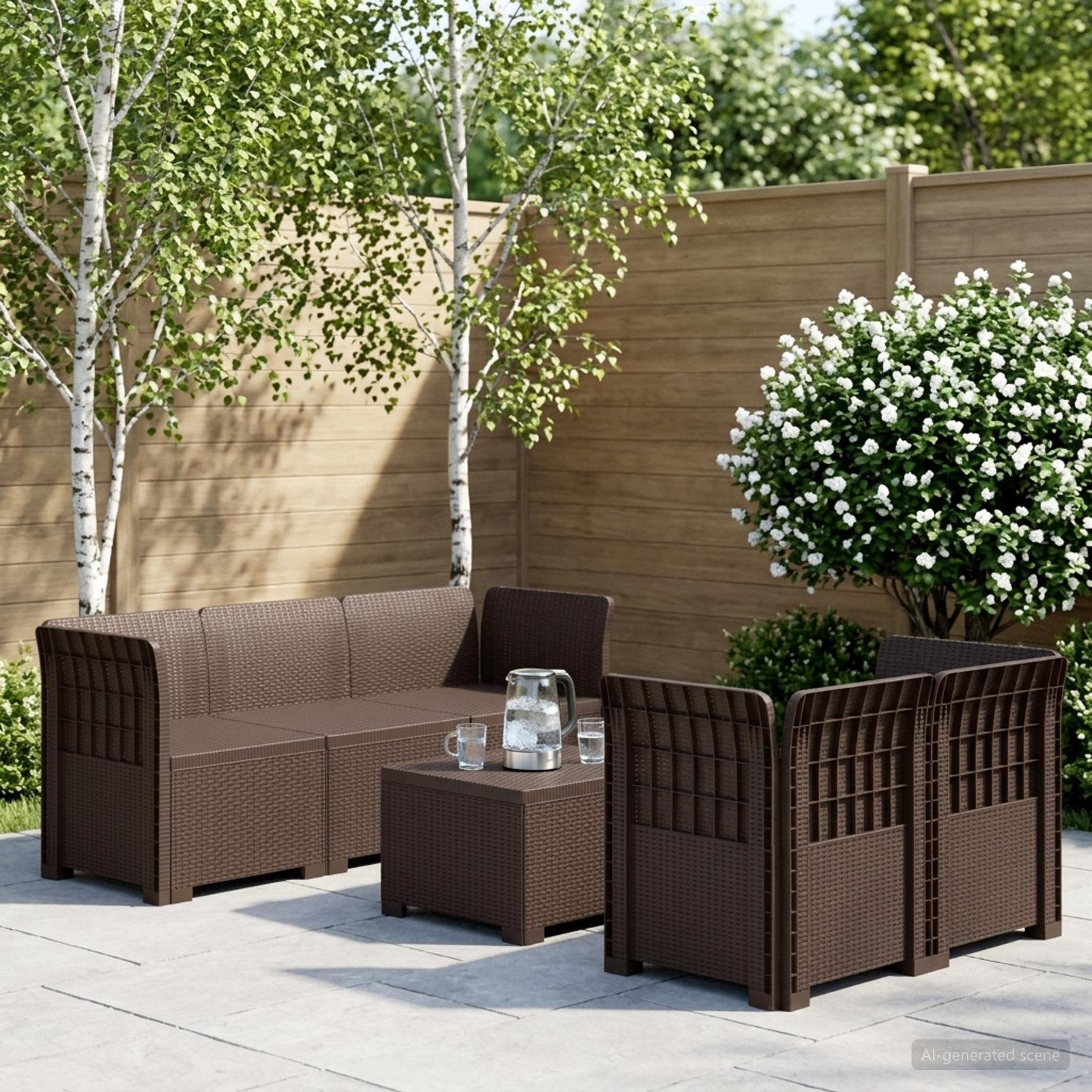vidaXL 5-Sitzer Gartensofa Rattan-Look PP Braun