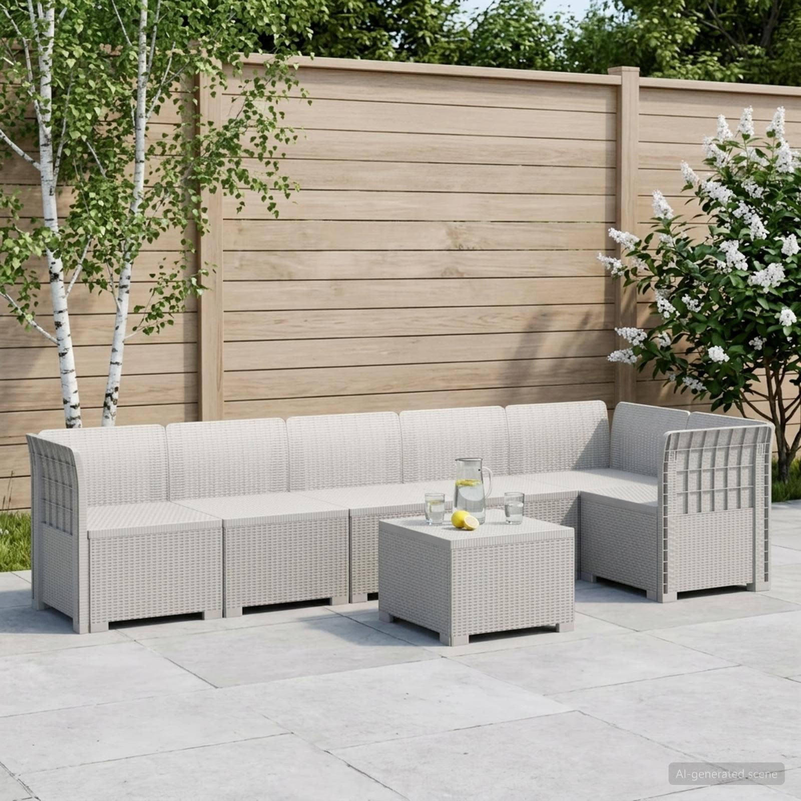 vidaXL 6-Sitzer Garten Sofa Rattan Look PP Weiß