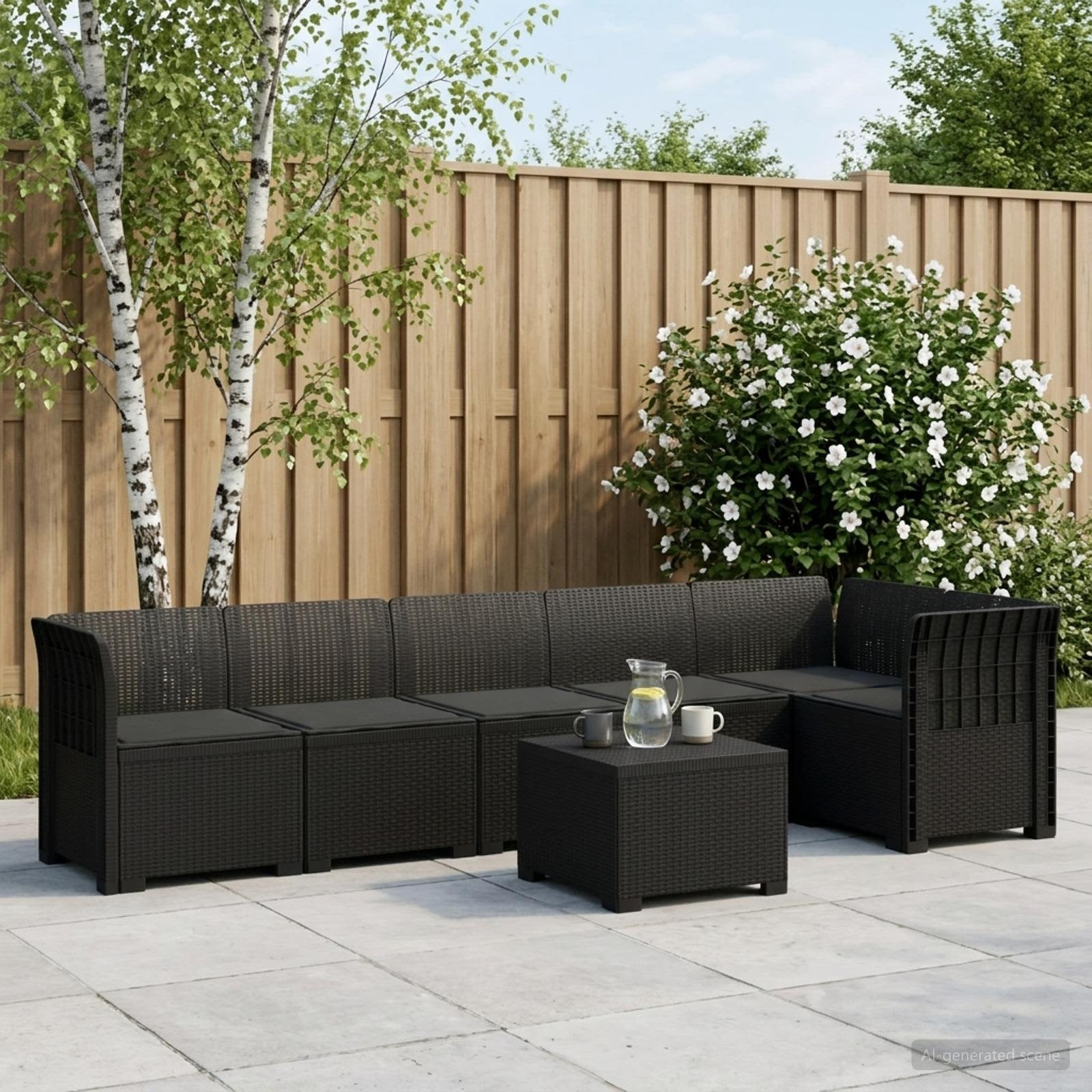 vidaXL 6-Sitzer Garten Sofa mit Kissen Rattan Look PP Anthrazit