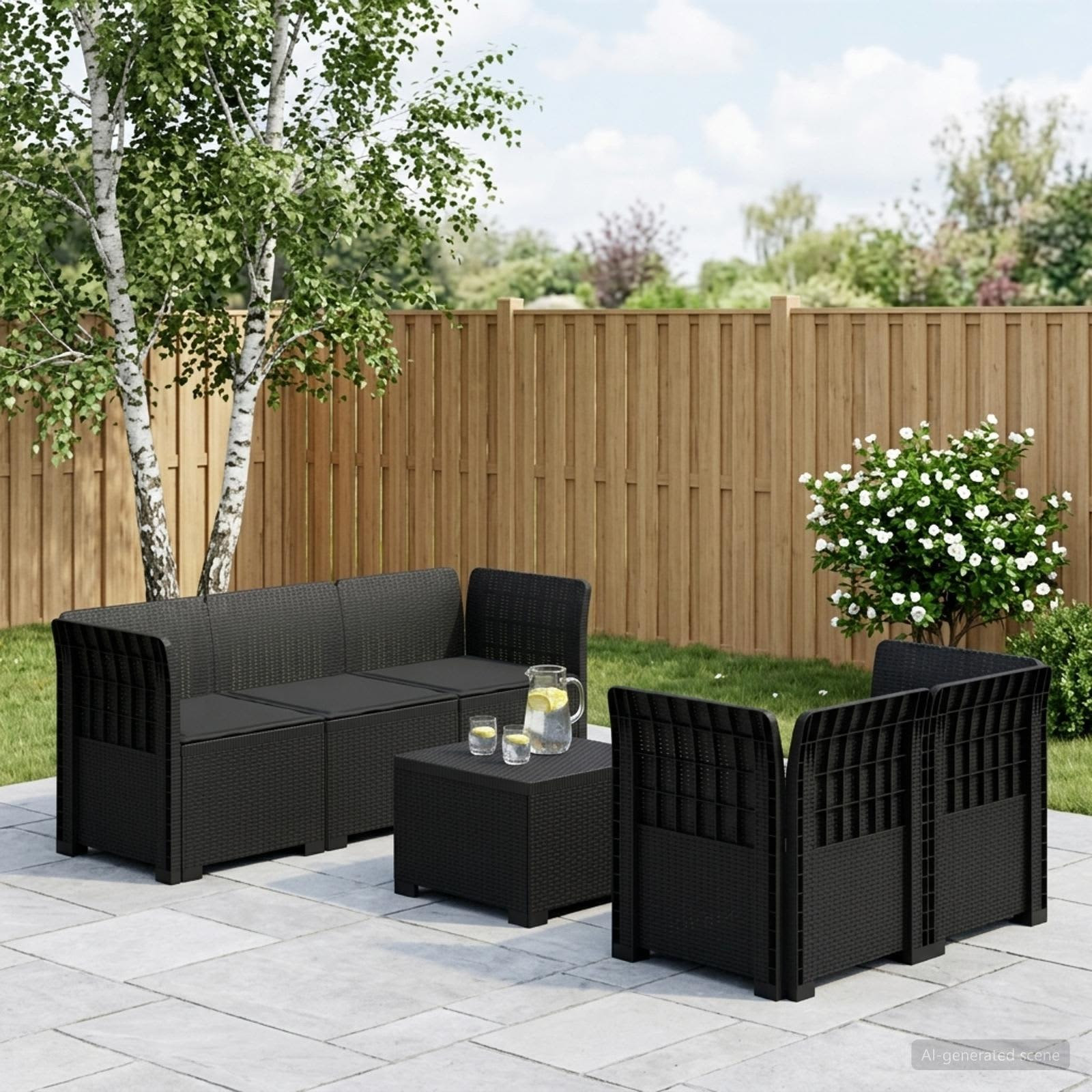 vidaXL 5-Sitzer Gartensofa mit Kissen Rattan-Look PP Anthrazit