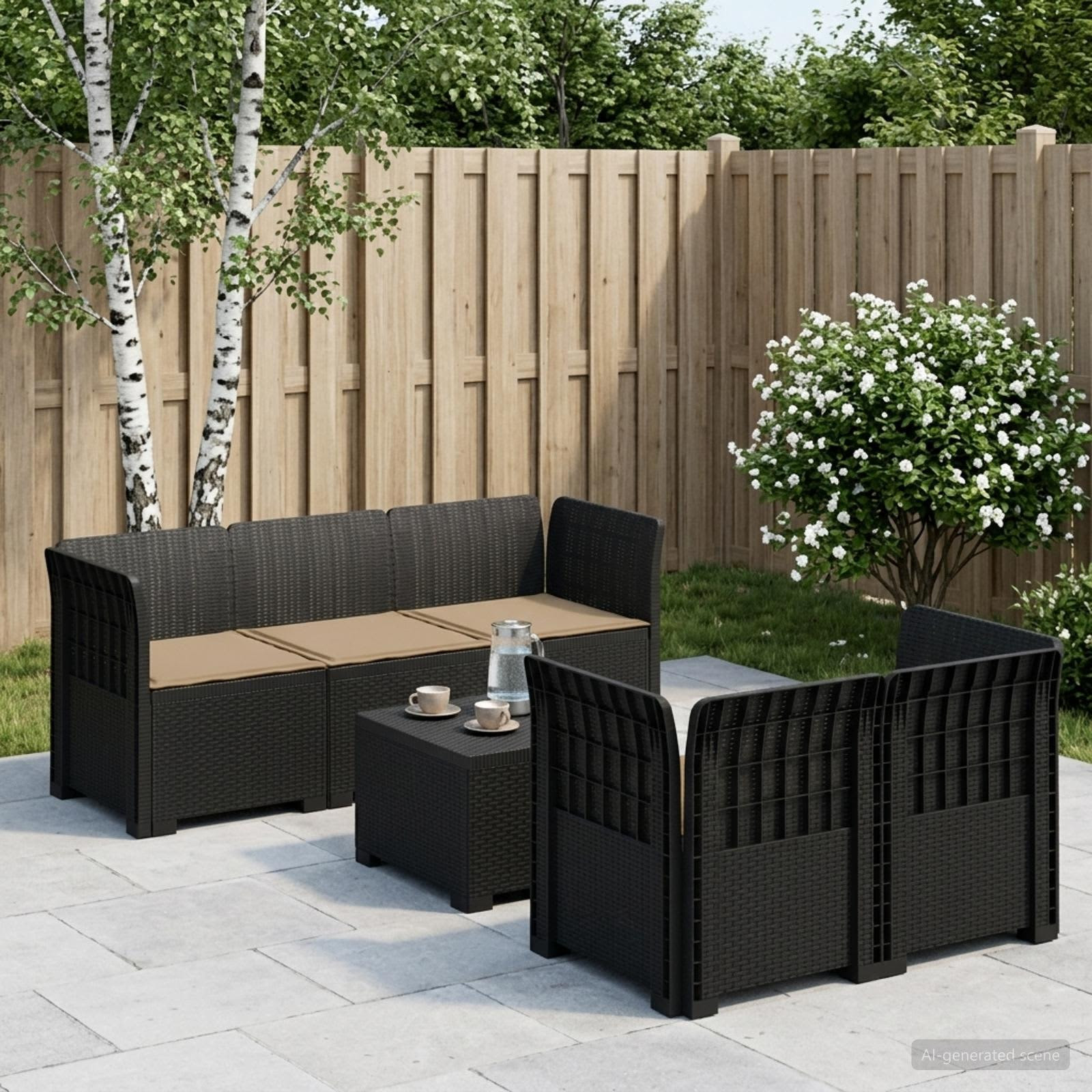 vidaXL 5-Sitzer Gartensofa mit Kissen Rattan-Look PP Anthrazit