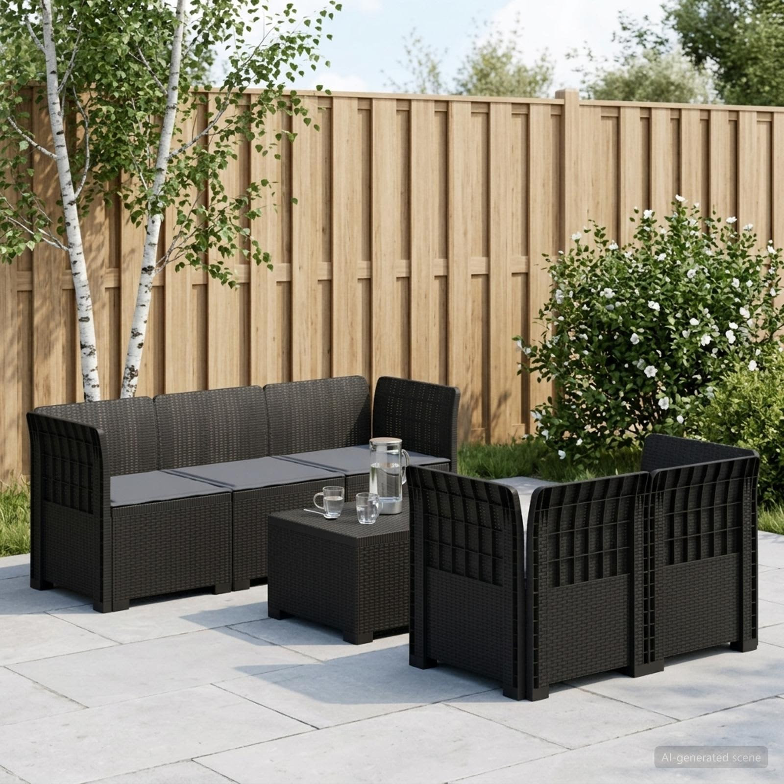 vidaXL 5-Sitzer Gartensofa mit Kissen Rattan-Look PP Anthrazit