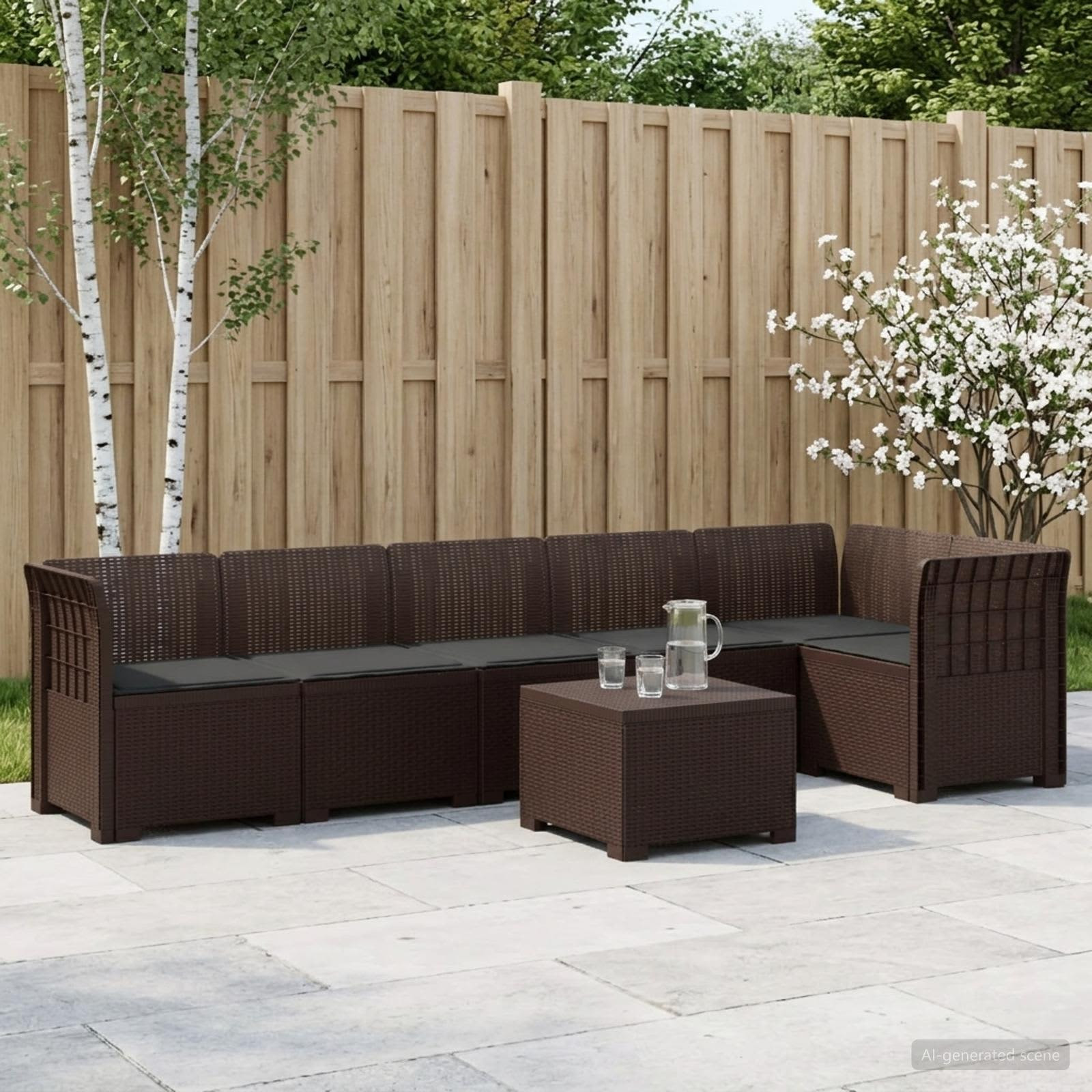 vidaXL 6-Sitzer Garten Sofa mit Kissen Rattan Look PP Braun