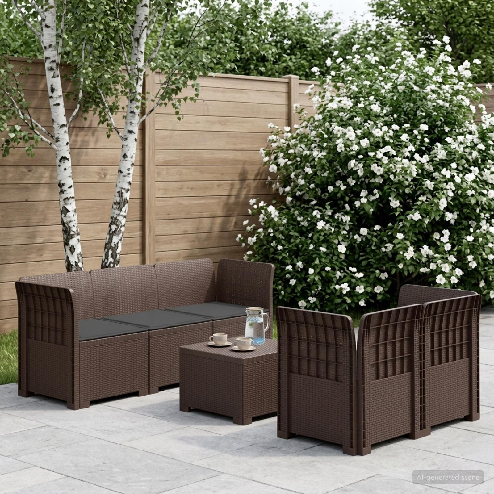 vidaXL 5-Sitzer Gartensofa mit Kissen Rattan-Look PP Braun