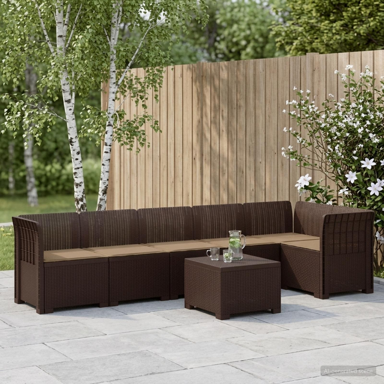 vidaXL 6-Sitzer Garten Sofa mit Kissen Rattan Look PP Braun