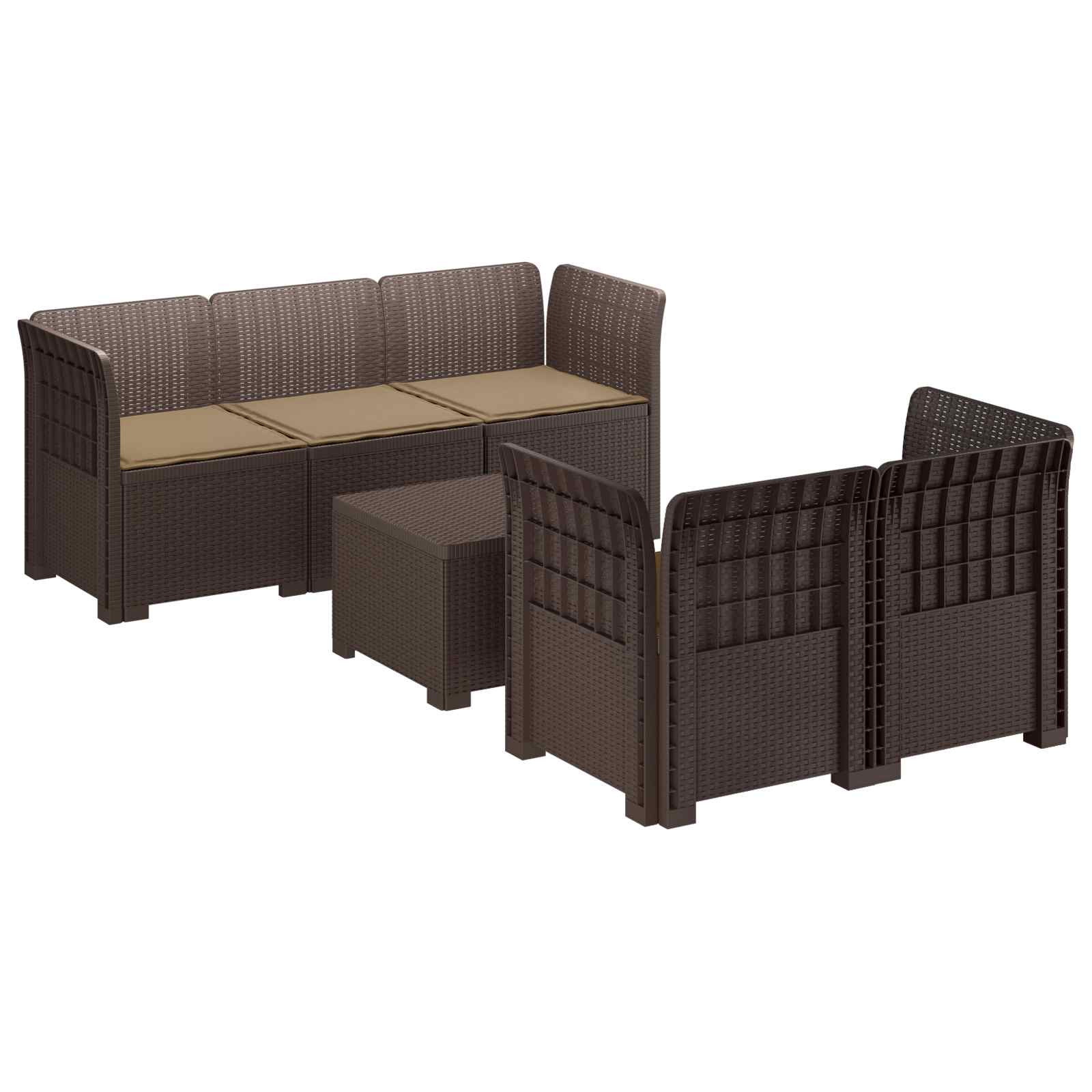 vidaXL 5-Sitzer Gartensofa mit Kissen Rattan-Look PP Braun