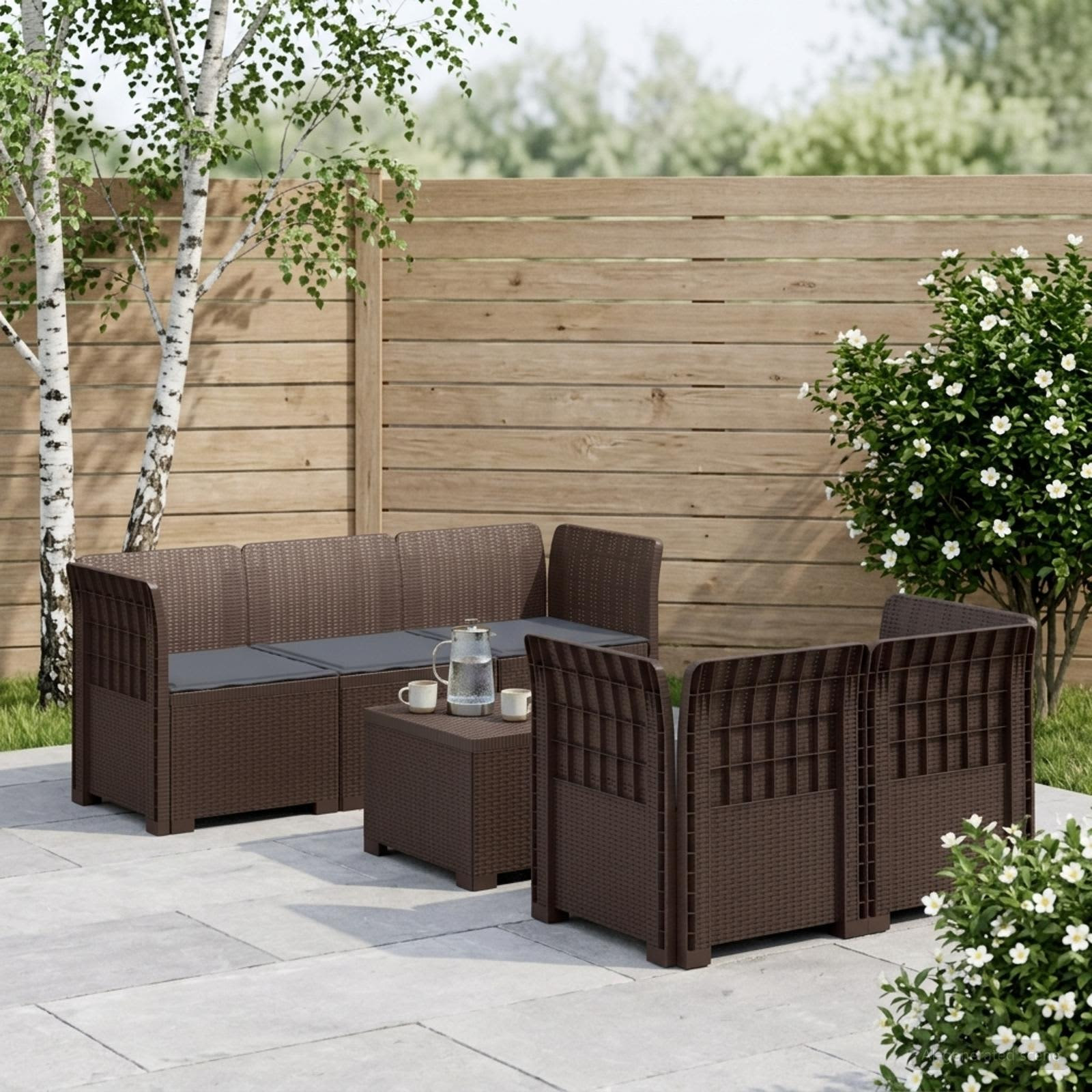 vidaXL 5-Sitzer Gartensofa mit Kissen Rattan-Look PP Braun