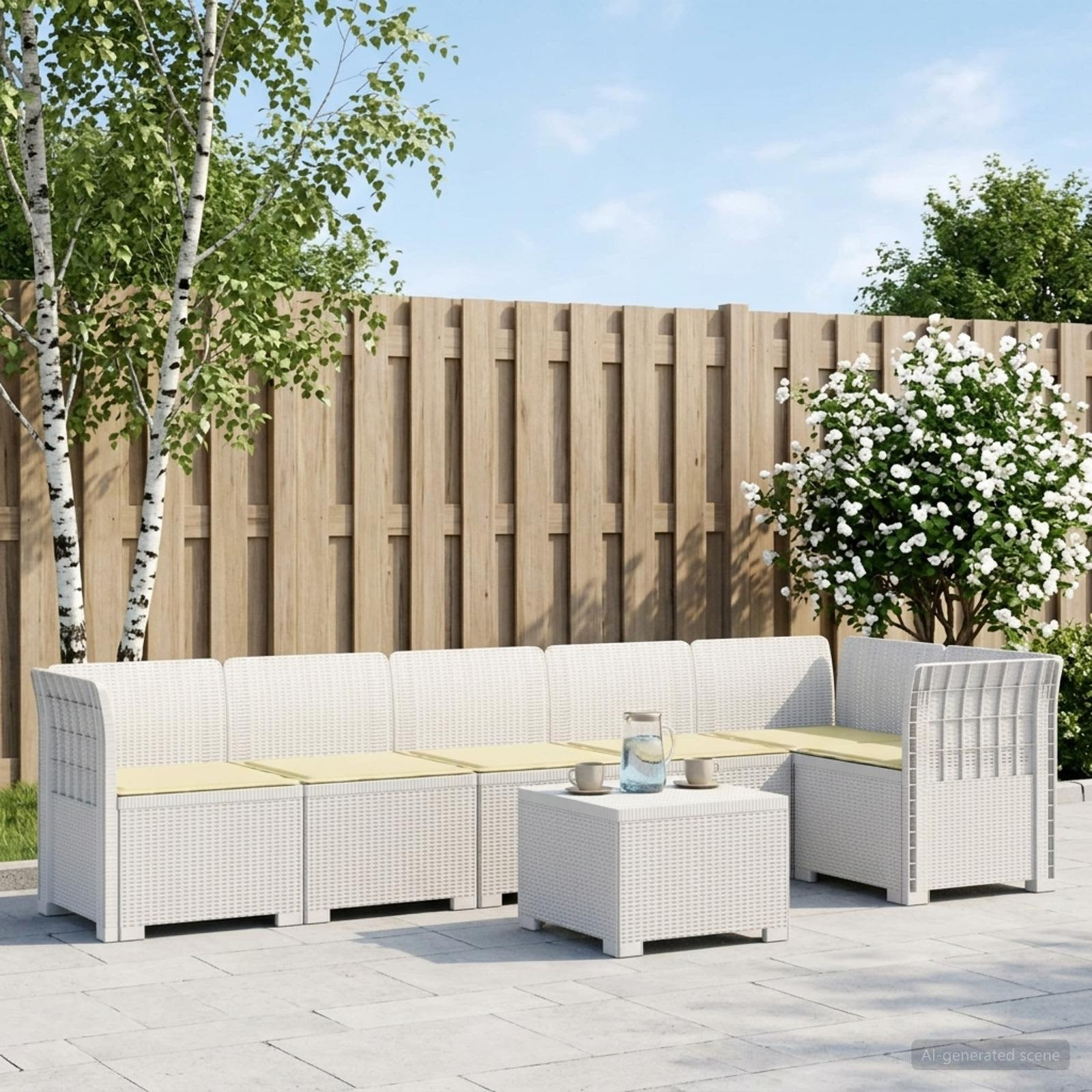vidaXL 6-Sitzer Garten Sofa mit Kissen Rattan Look PP Weiß