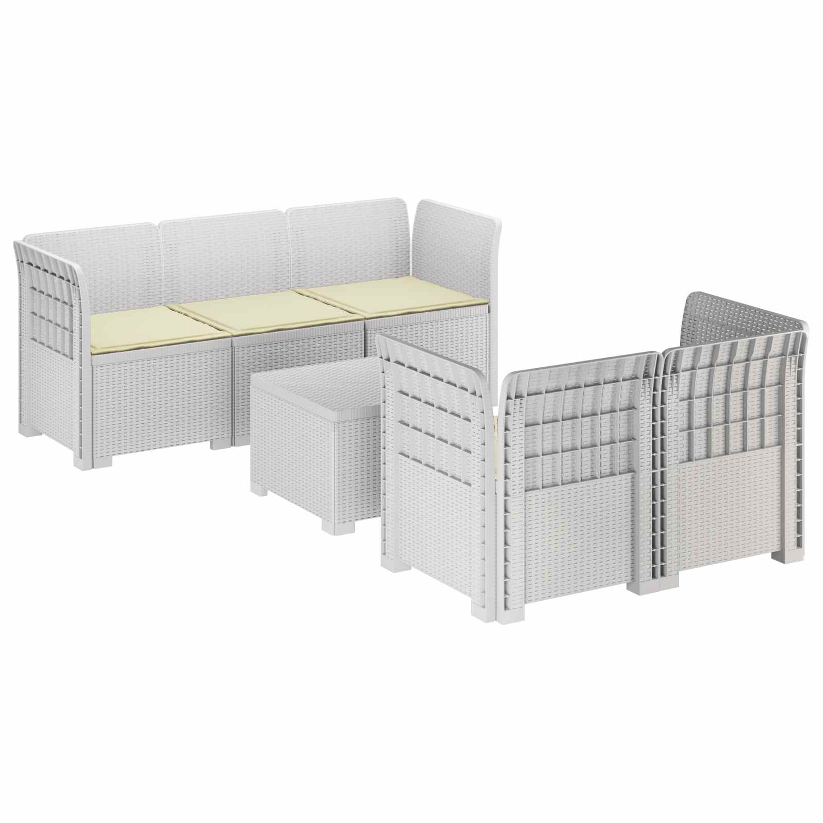 vidaXL 5-Sitzer Gartensofa mit Kissen Rattan-Look PP Weiß