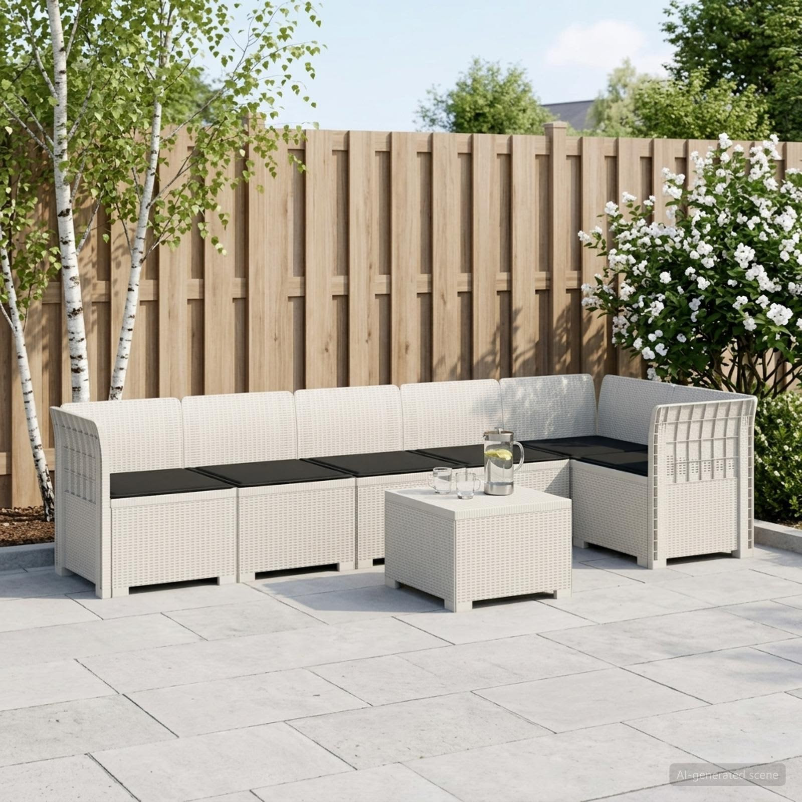 vidaXL 6-Sitzer Garten Sofa mit Kissen Rattan Look PP Weiß